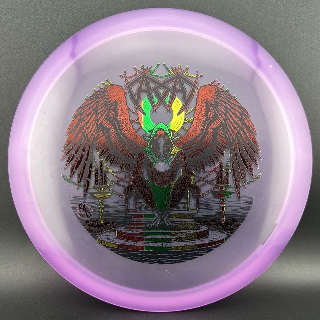 CryZtal Buzzz disc golf disc by Rare Air Discs featuring Karudi the Overseer design from Cult of RAD, shown on a white background.