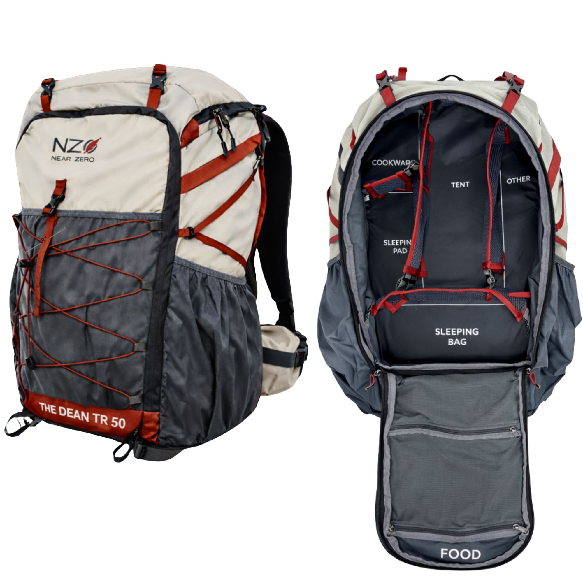 Near Zero Outdoor Gear Dean™ TR 50 overnight hiking backpack with adjustable straps and multiple compartments.