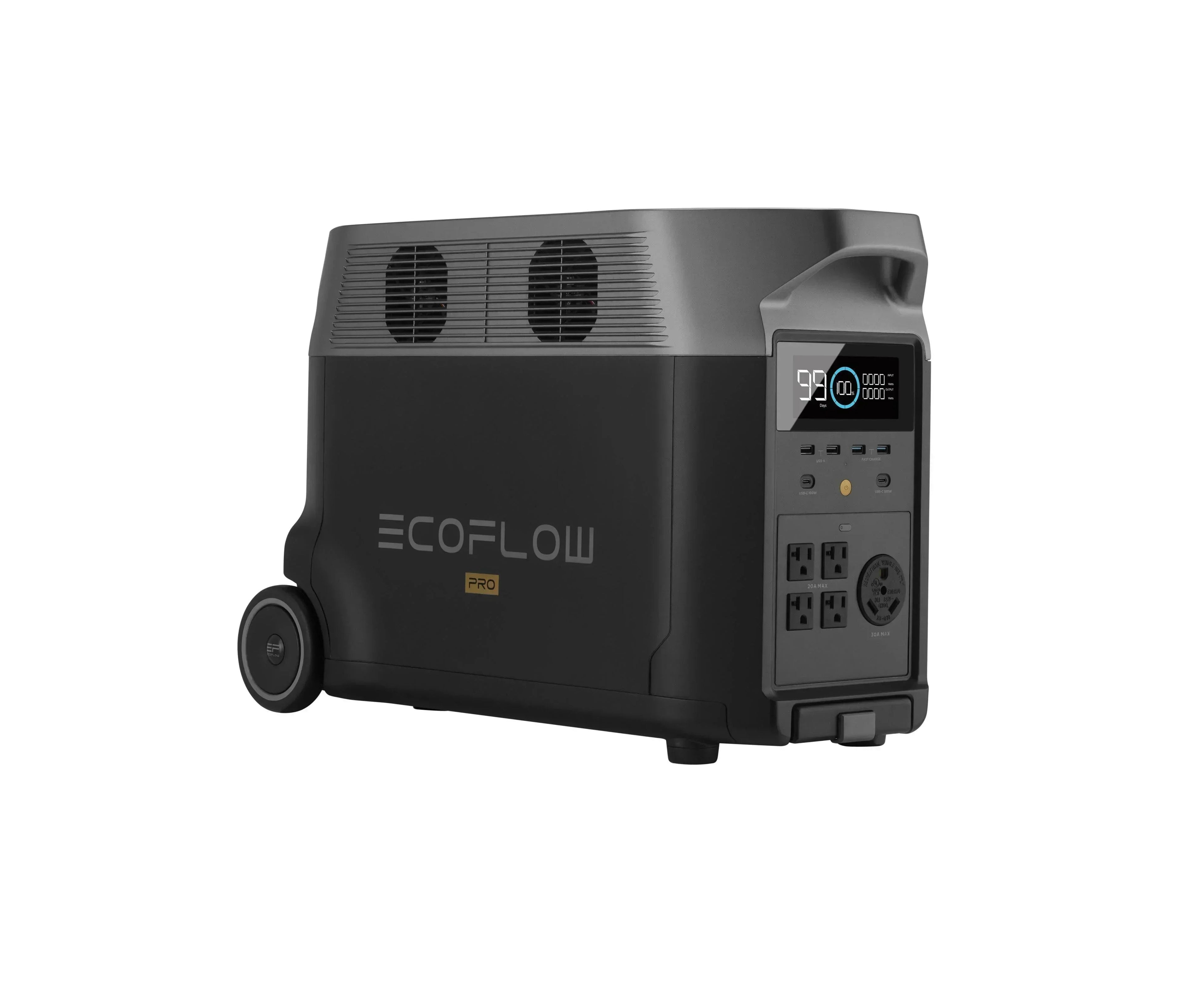 Green Vista Living EcoFlow DELTA Pro portable solar generator with multiple outlets and digital display, ready for outdoor power needs.