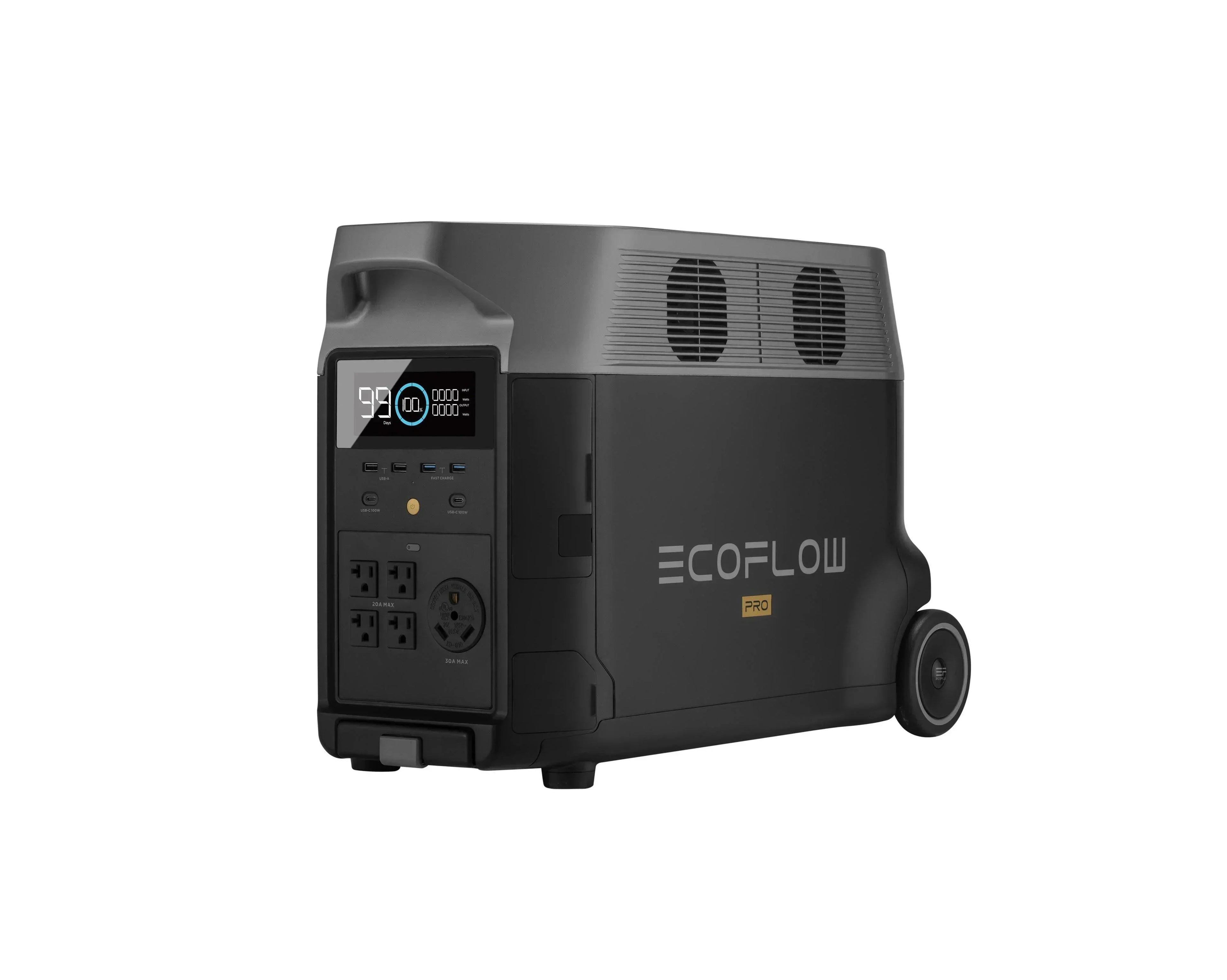 Green Vista Living EcoFlow DELTA Pro portable solar power station with multiple outlets and solar panel connection.