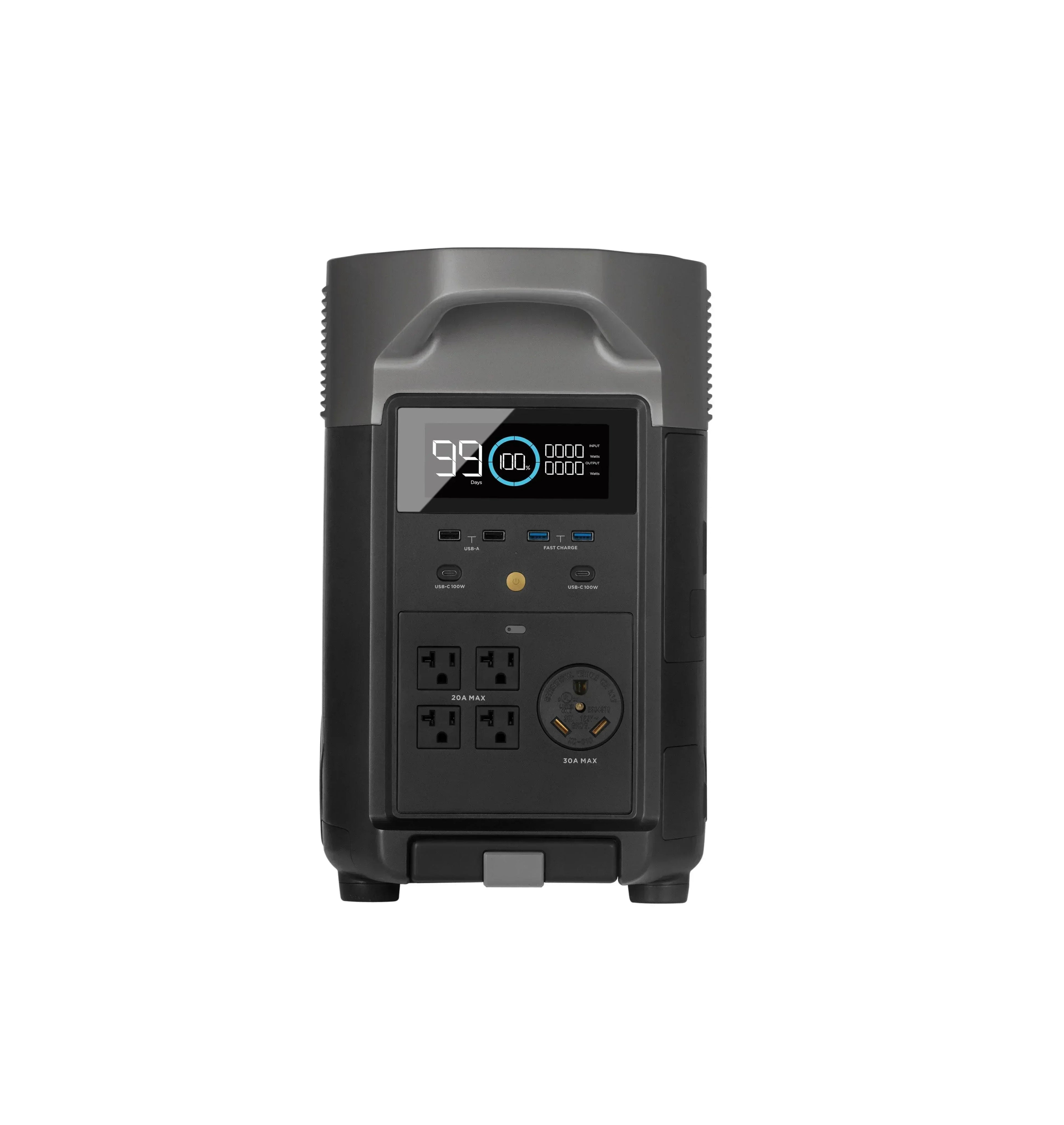 Green Vista Living EcoFlow DELTA Pro portable solar generator with multiple outlets and solar panel connectivity.