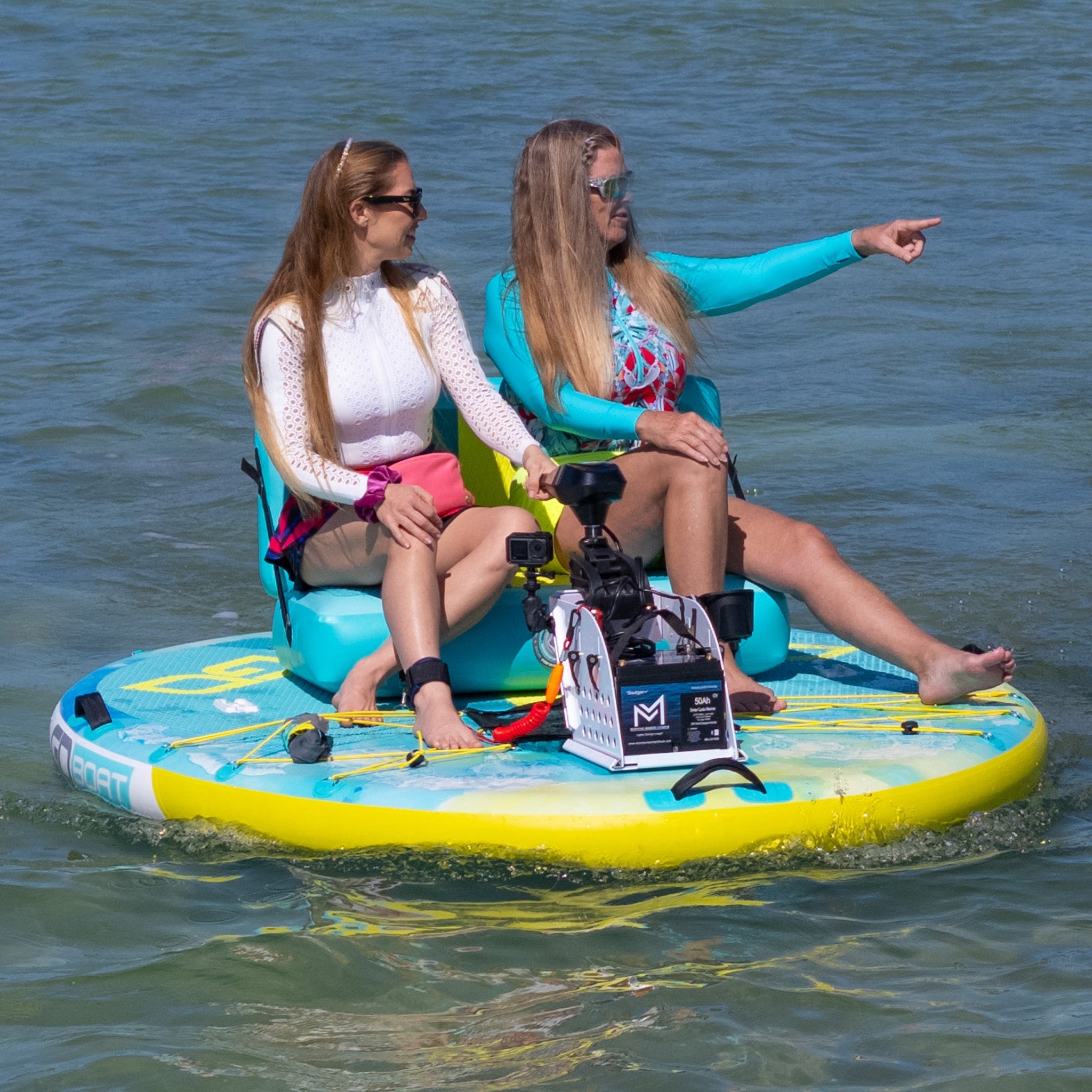 GoBoat Double Freedom watercraft showing its sleek design and spacious seating on calm water.