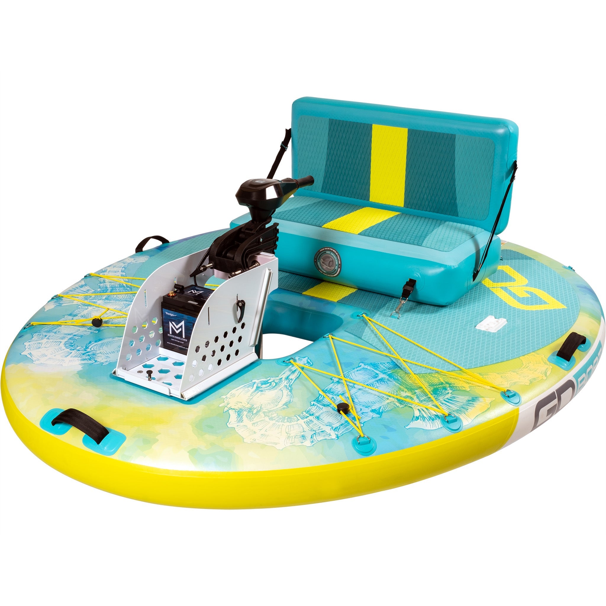 GoBoat Double Freedom watercraft, featuring twin hulls and sleek design, exhibited from the left side view.