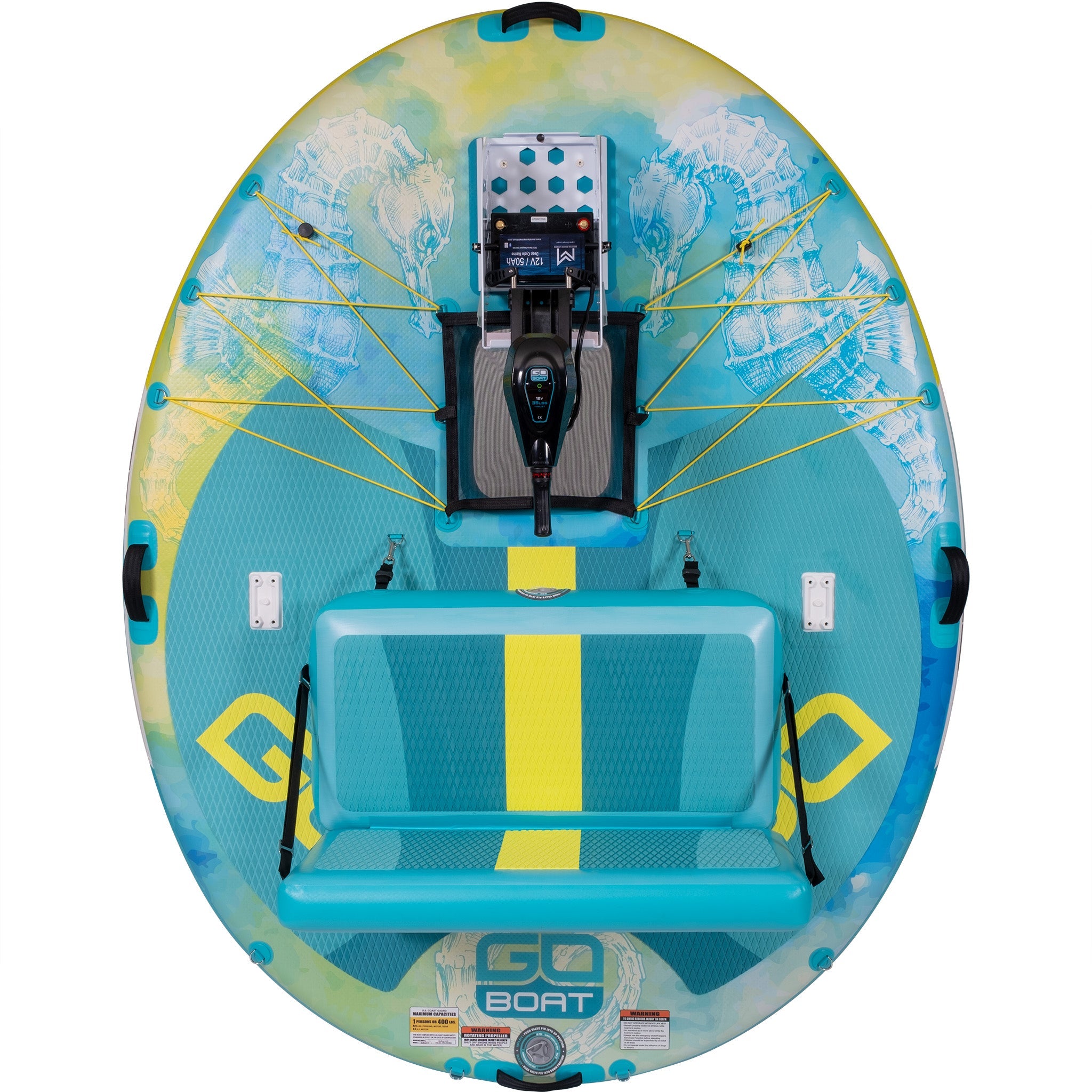 A GoBoat Double Freedom watercraft with two seating areas and a sleek design floating on calm water.