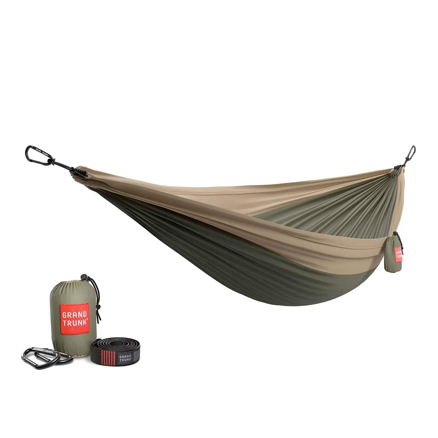 GrandTrunk Double Deluxe hammock with straps, showing soft fabric and sturdy suspension setup for comfortable outdoor relaxing.