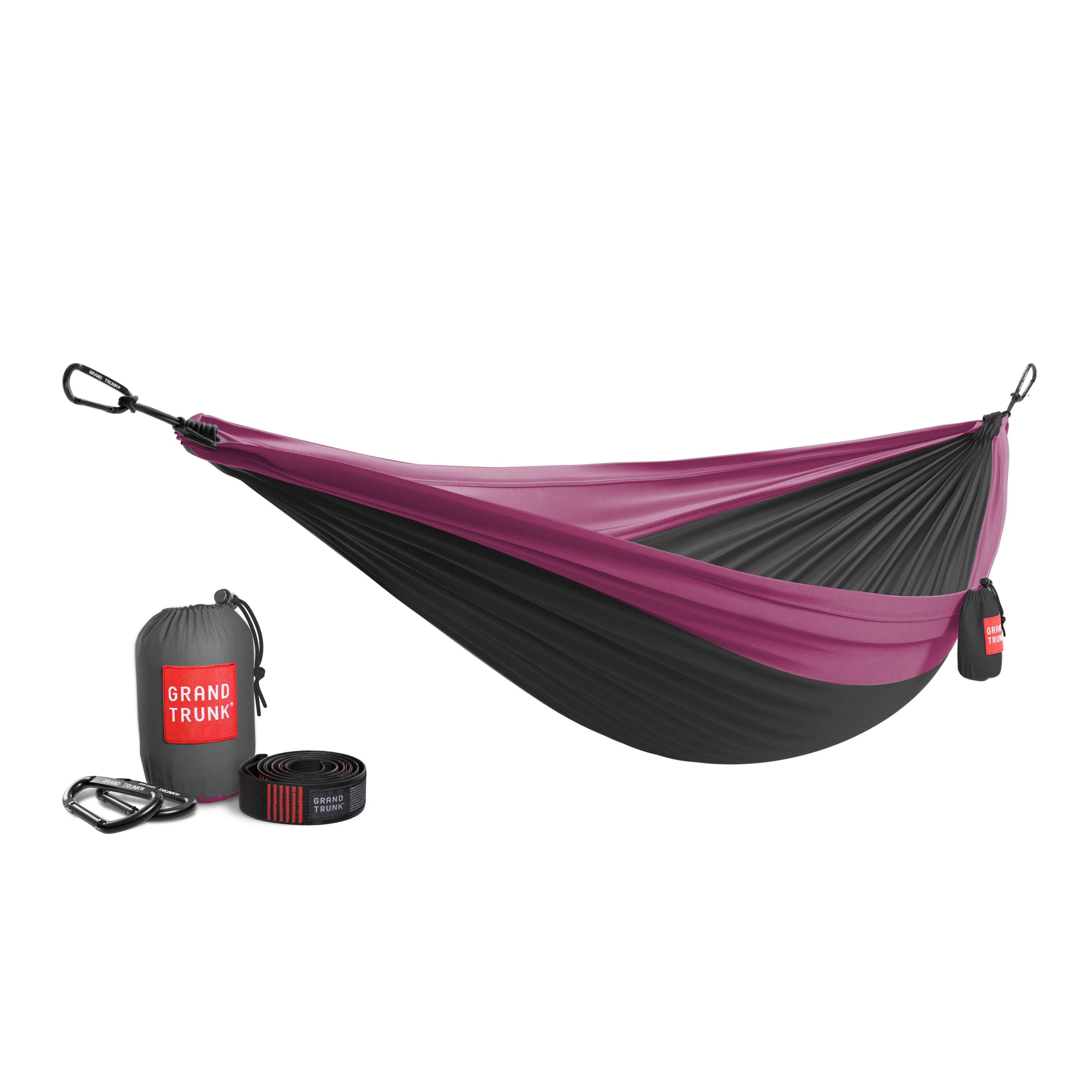 GrandTrunk Double Deluxe hammock with attached straps, showcasing the comfortable, durable fabric and sturdy suspension system.