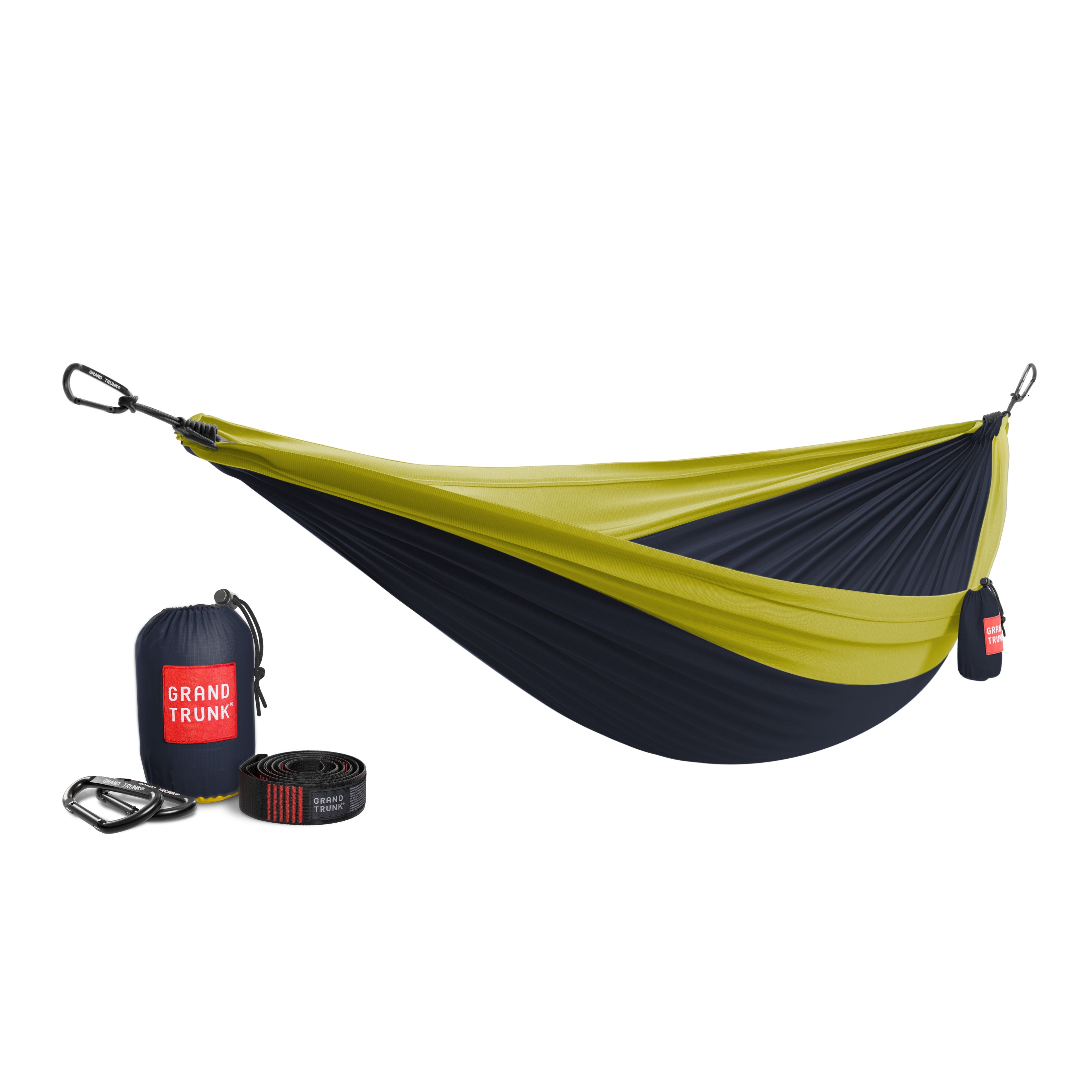 GrandTrunk Double Deluxe Hammock with included straps, showcasing the soft, durable fabric and sturdy hanging setup.