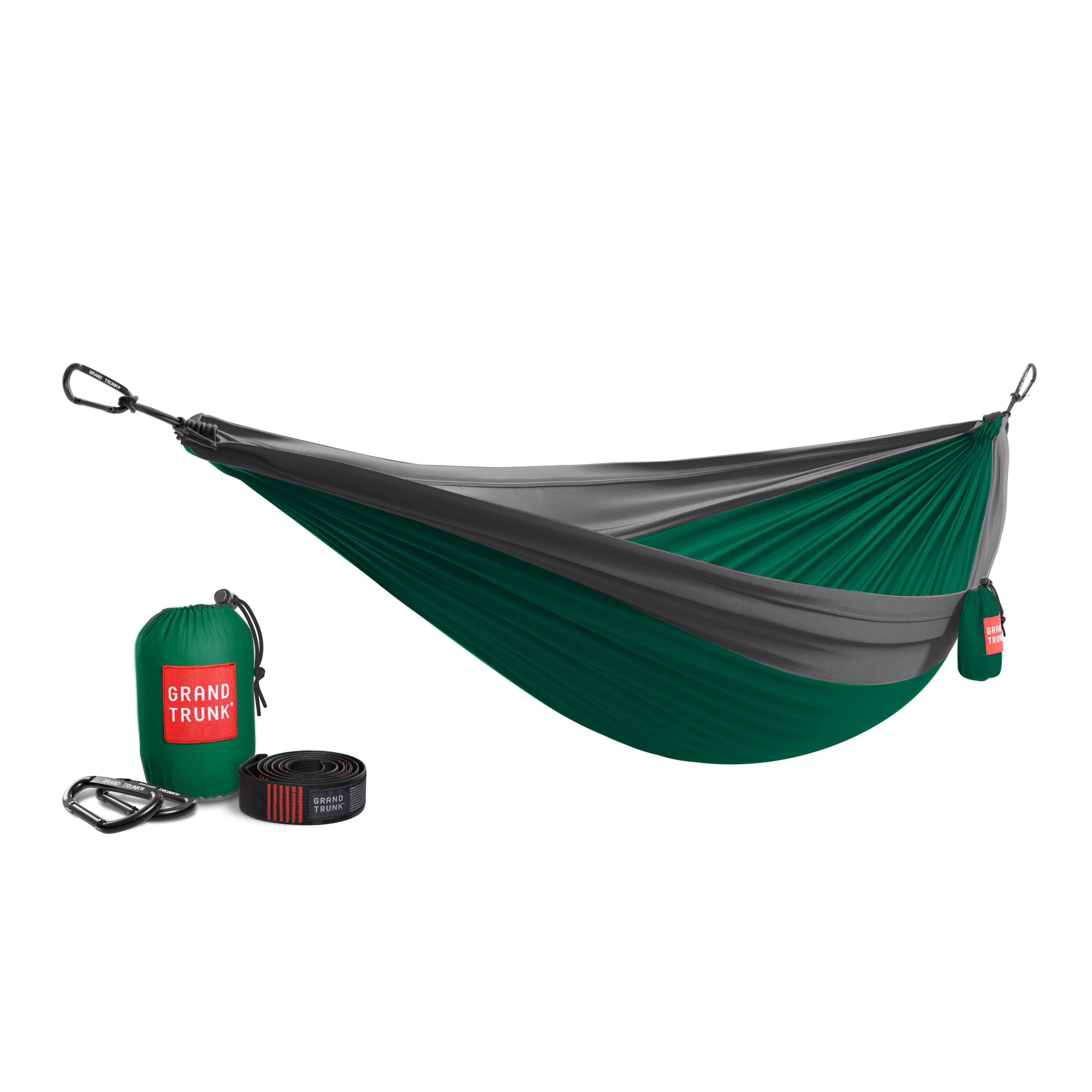 GrandTrunk Double Deluxe Hammock with straps, showcasing soft, durable fabric and sturdy hanging straps for outdoor relaxation.