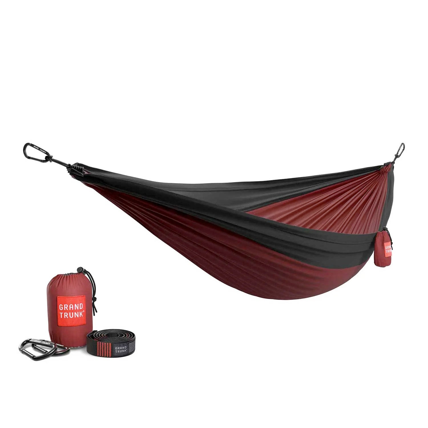 GrandTrunk Double Deluxe Hammock with straps, lightweight outdoor camping hammock shown with fabric and tied straps.