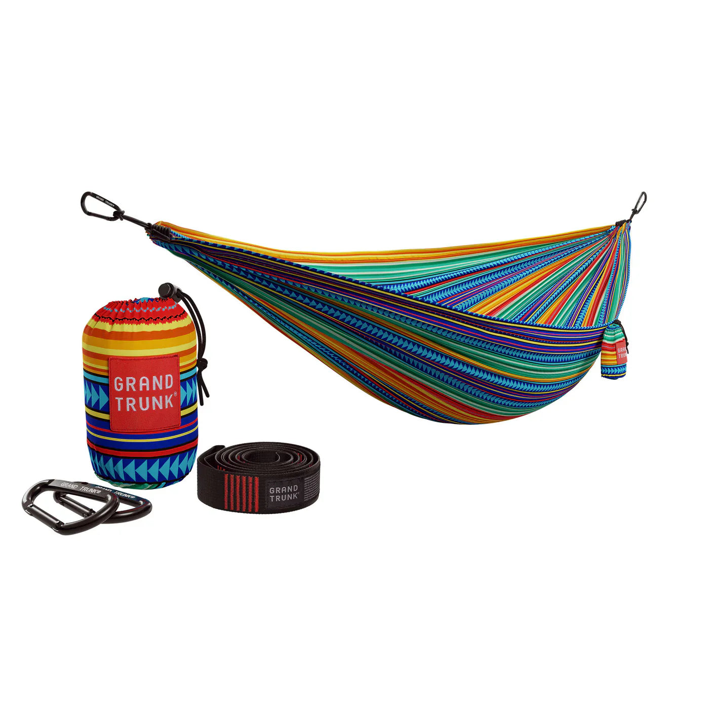 GrandTrunk Double Deluxe hammock with straps, shown outdoors, featuring durable fabric and adjustable suspension for relaxing comfort.