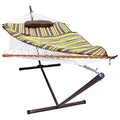 HomePacific outdoor rope hammock set with stand, striped cushion and pillow, 55 x 144 inches, desert stripe design for relaxing outdoor space.