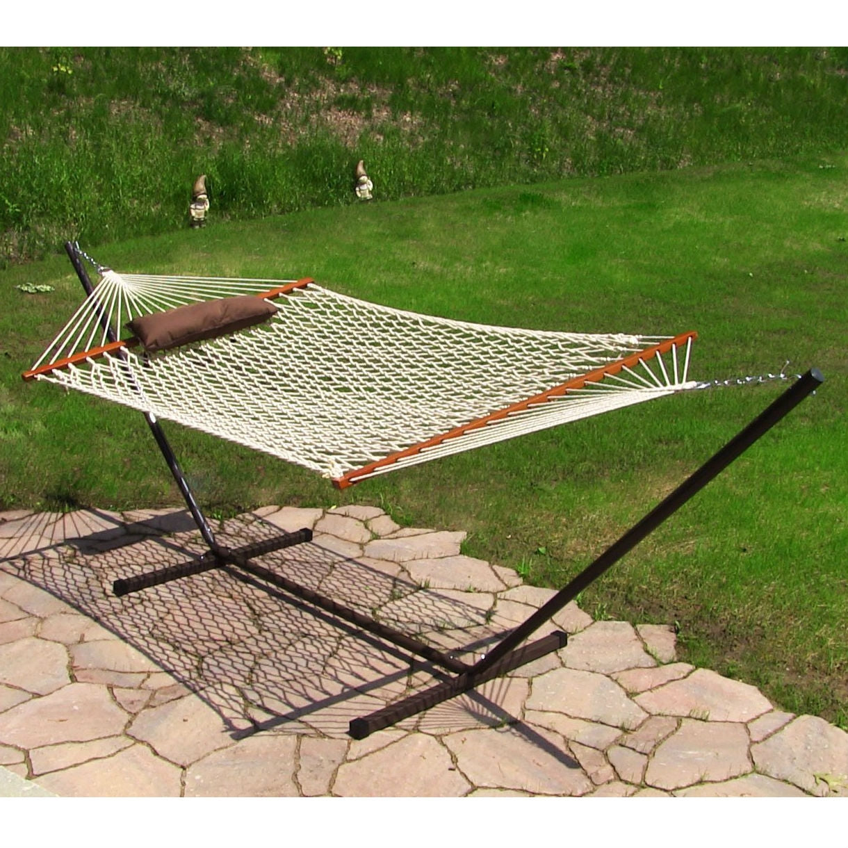 Outdoor rope hammock set with stand, pillow, and pad in desert stripe, 55 x 144 inches, by HomePacific.