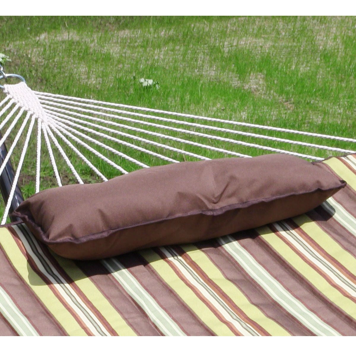 HomePacific outdoor rope hammock set with stand, cushion, and pillow featuring desert stripe pattern, 55 x 144 inches.