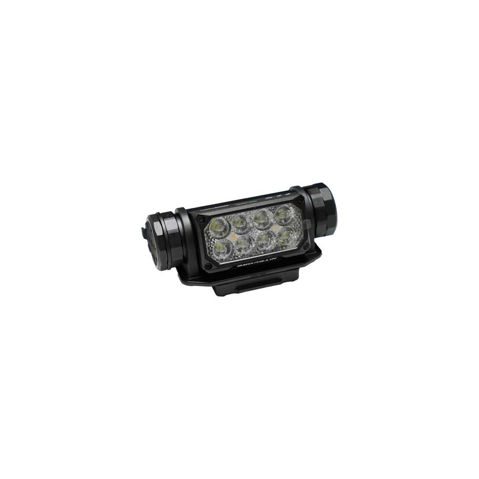 Hard Head Veterans NITECORE HC65M headlamp with adjustable strap and bright LED light, shown in a close-up view.