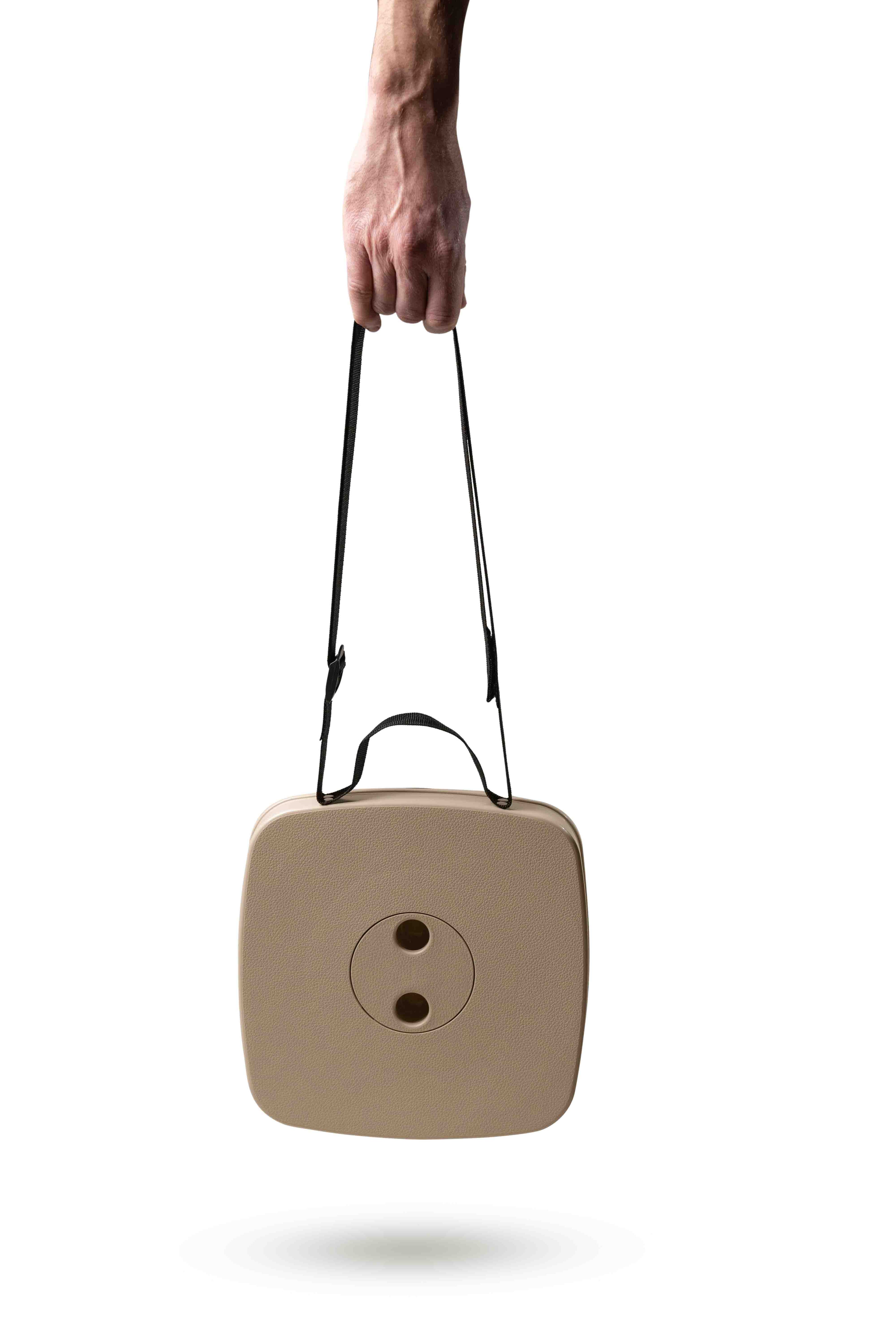 EverUncharted Nomad Seat in Sand Stone with woven fabric and wooden legs, showcasing a stylish, portable seating option.