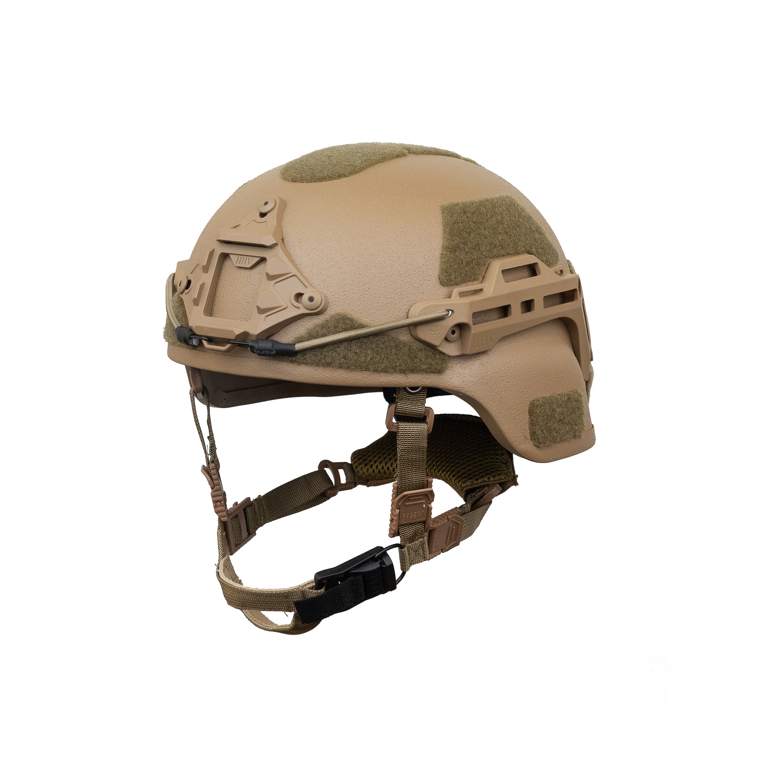 Tan MICH/ECH BTE® Plus ballistic helmet by Hard Head Veterans with NIJ IIIA protection, shown from side angle with adjustable straps.