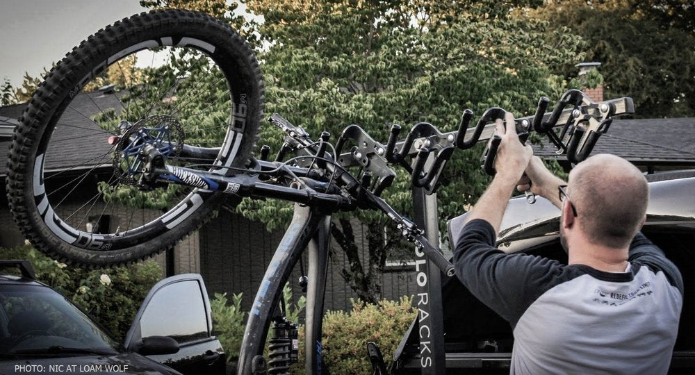Lolo Racks DH Bike and E Bike compatible attachment carrier DIY rack accessory mounted on a bicycle.