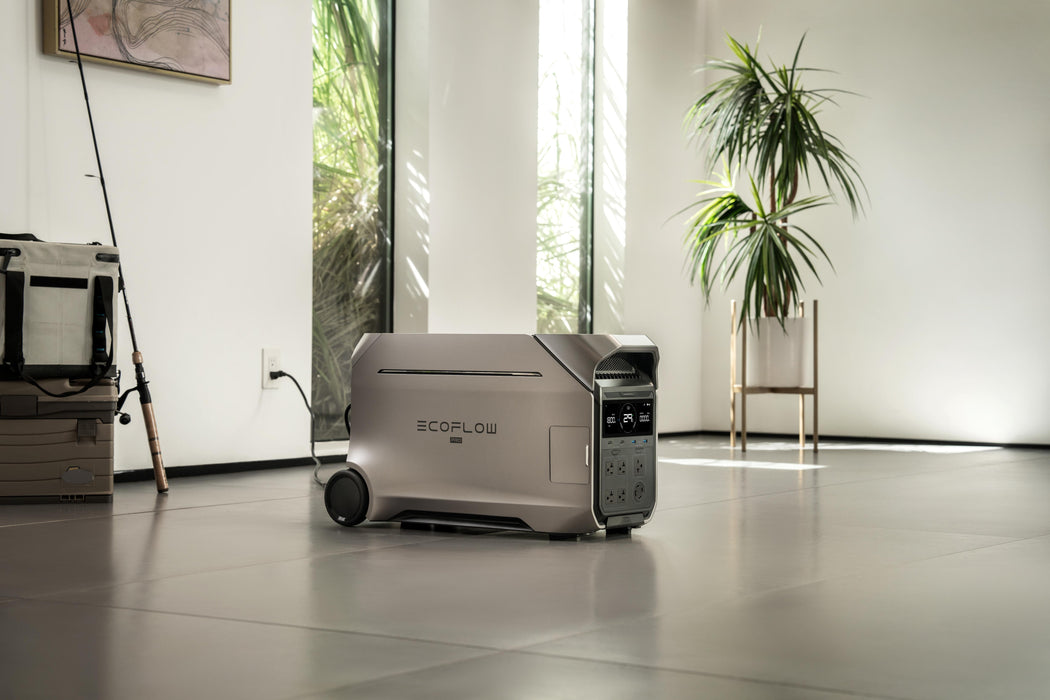 Green Vista Living EcoFlow DELTA Pro 3 portable power station with digital display and multiple charging ports.