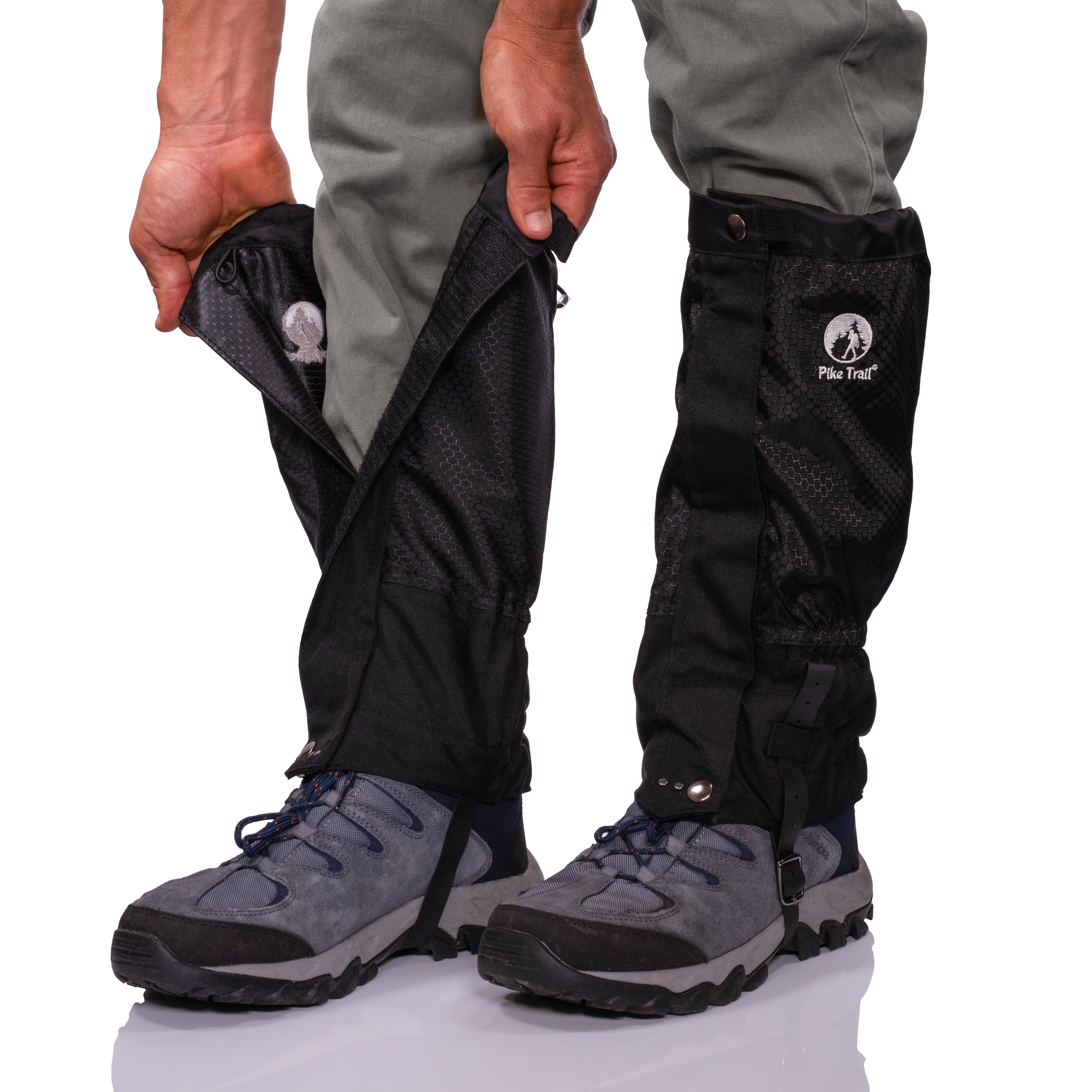 Pike Trail hiking leg gaiters in durable fabric, designed to protect legs from mud, rocks, and debris during outdoor trail hikes.