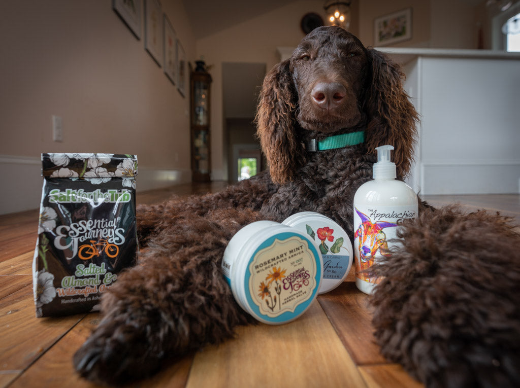 Essential Journeys salted almond and arnica bath salts in a 16 oz. or 32 oz. tub, featuring natural almond and arnica ingredients.