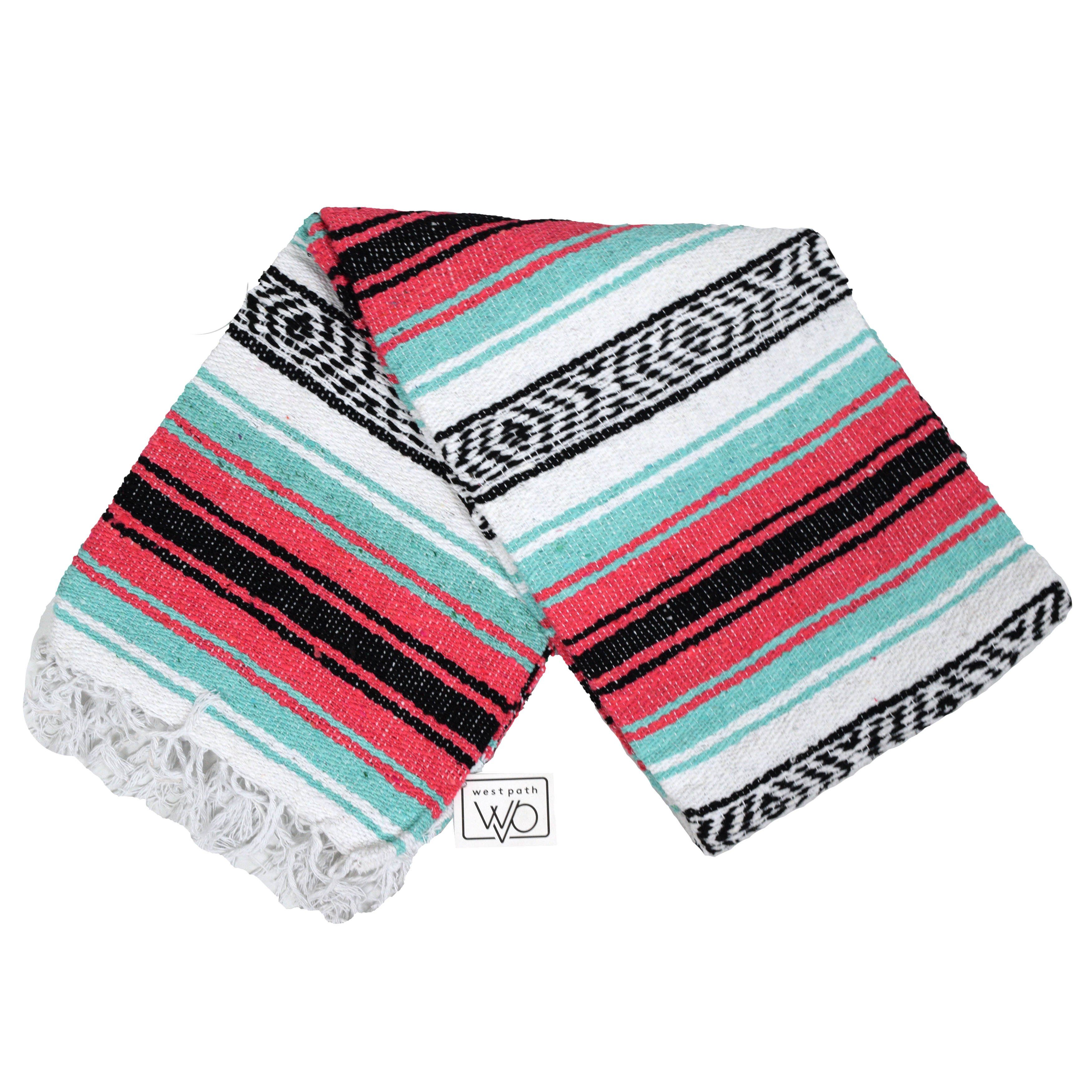Seafoam Green & Coral Mexican Falsa Blanket - OVERLANDERS Outfitter
