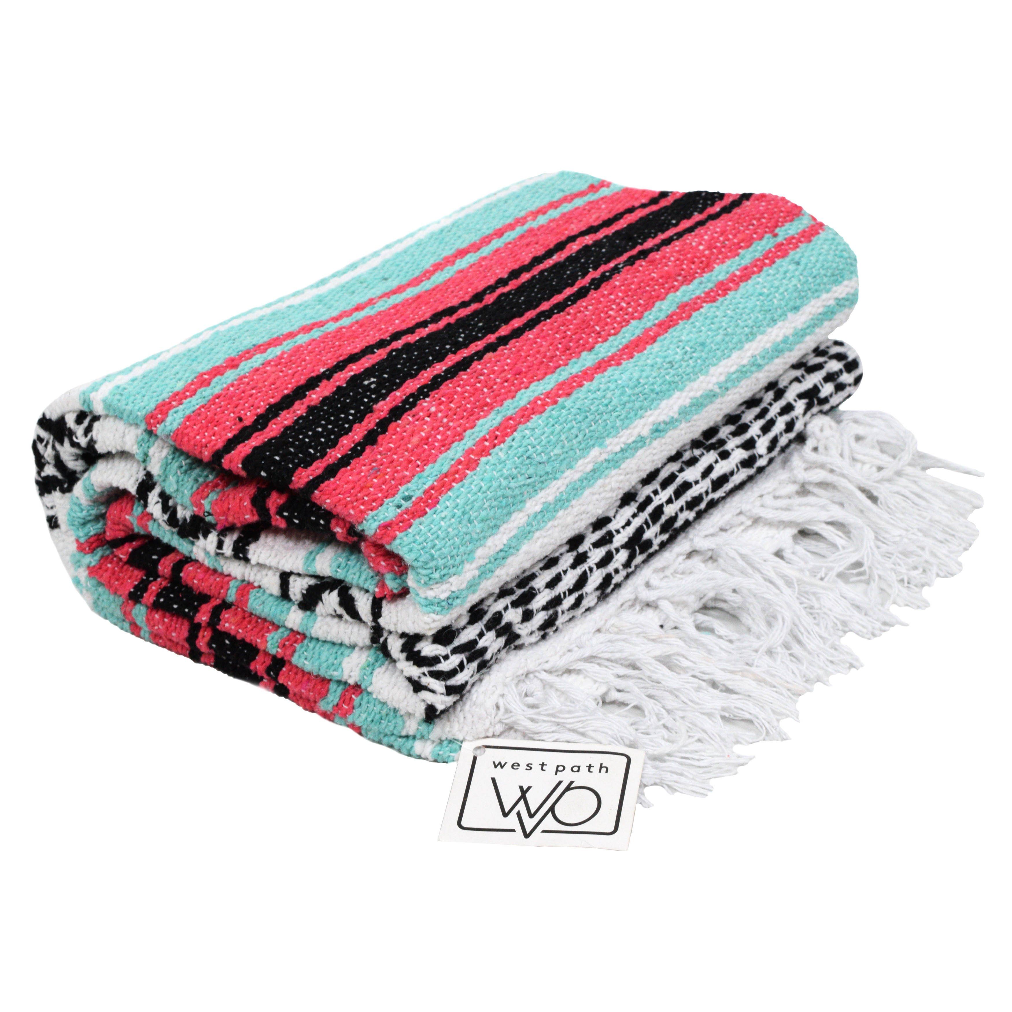 Seafoam Green & Coral Mexican Falsa Blanket - OVERLANDERS Outfitter
