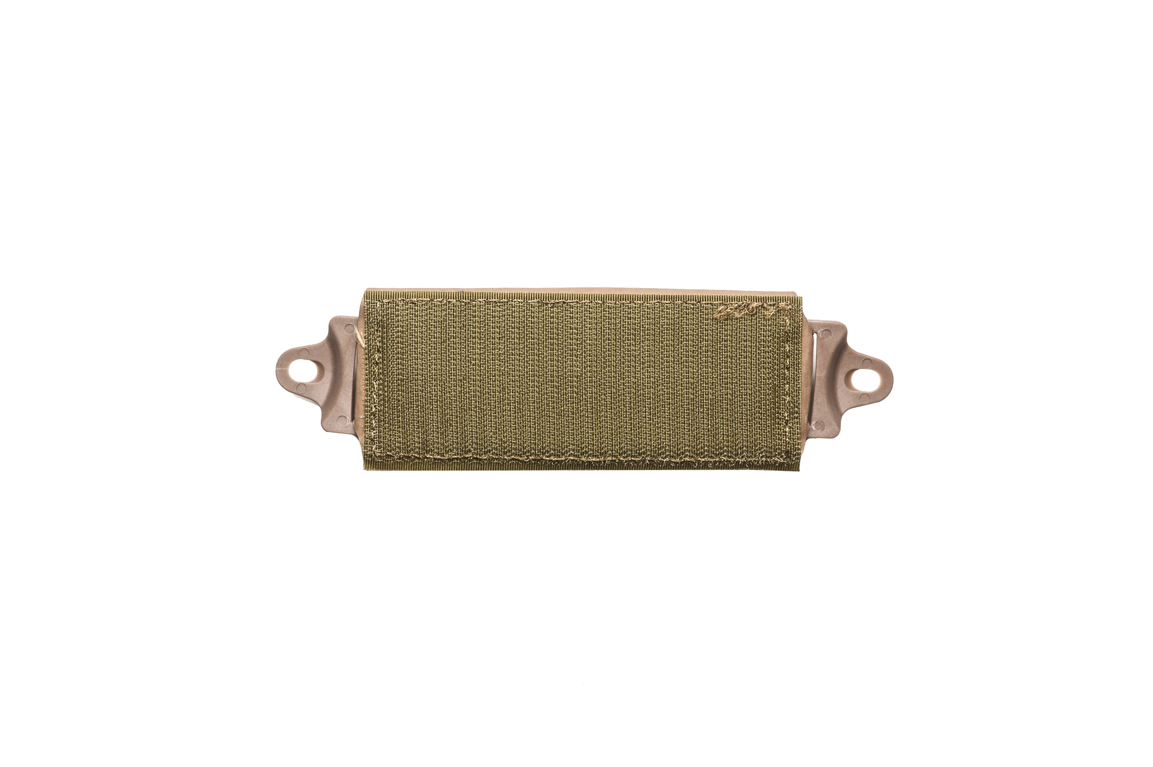 Hard Head Veterans ballistic helmet counterweight pouch attached to tactical helmet for balanced weight distribution.