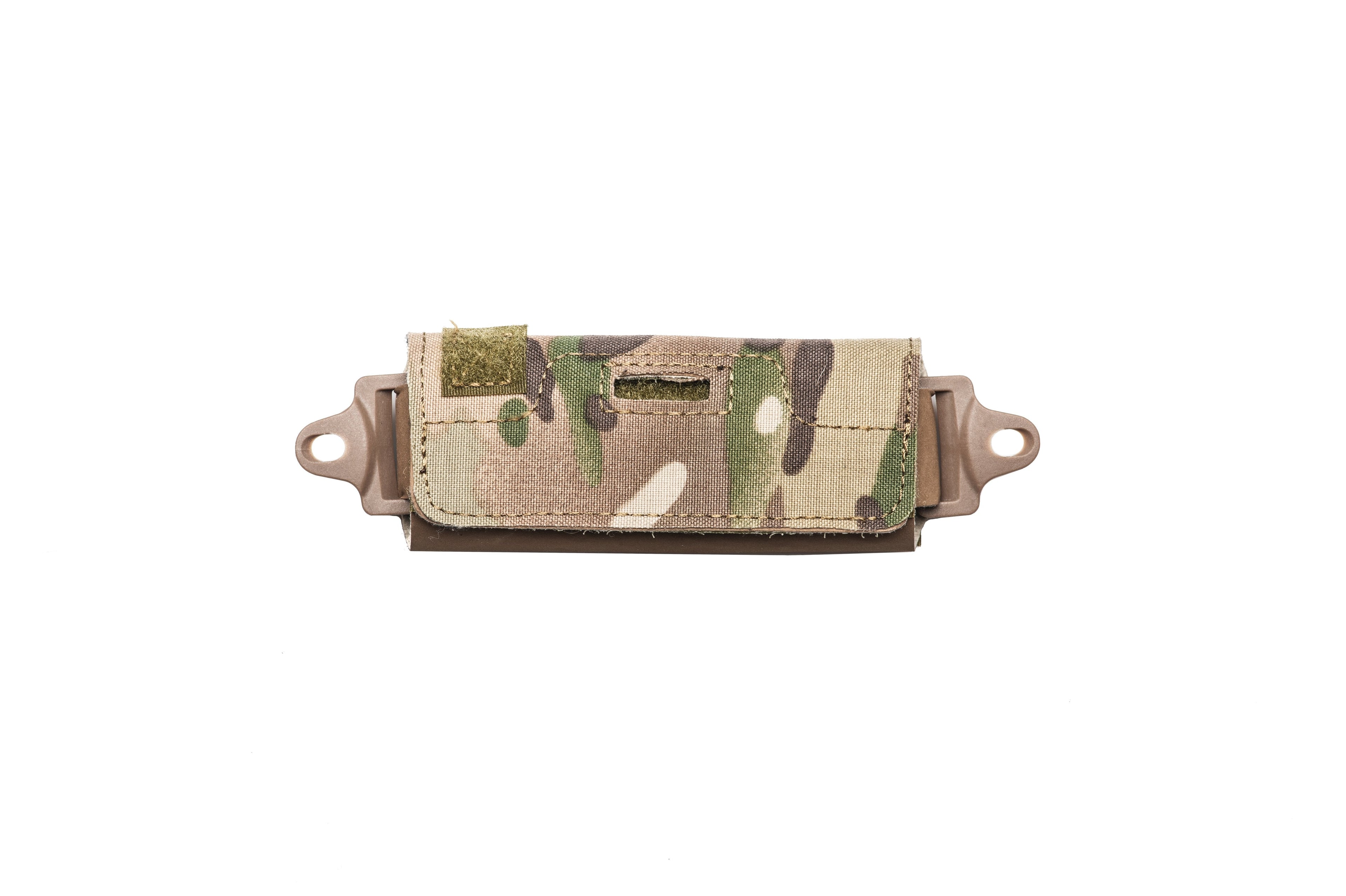 Hard Head Veterans ballistic helmet counterweight pouch attached to helmet for balanced weight distribution.