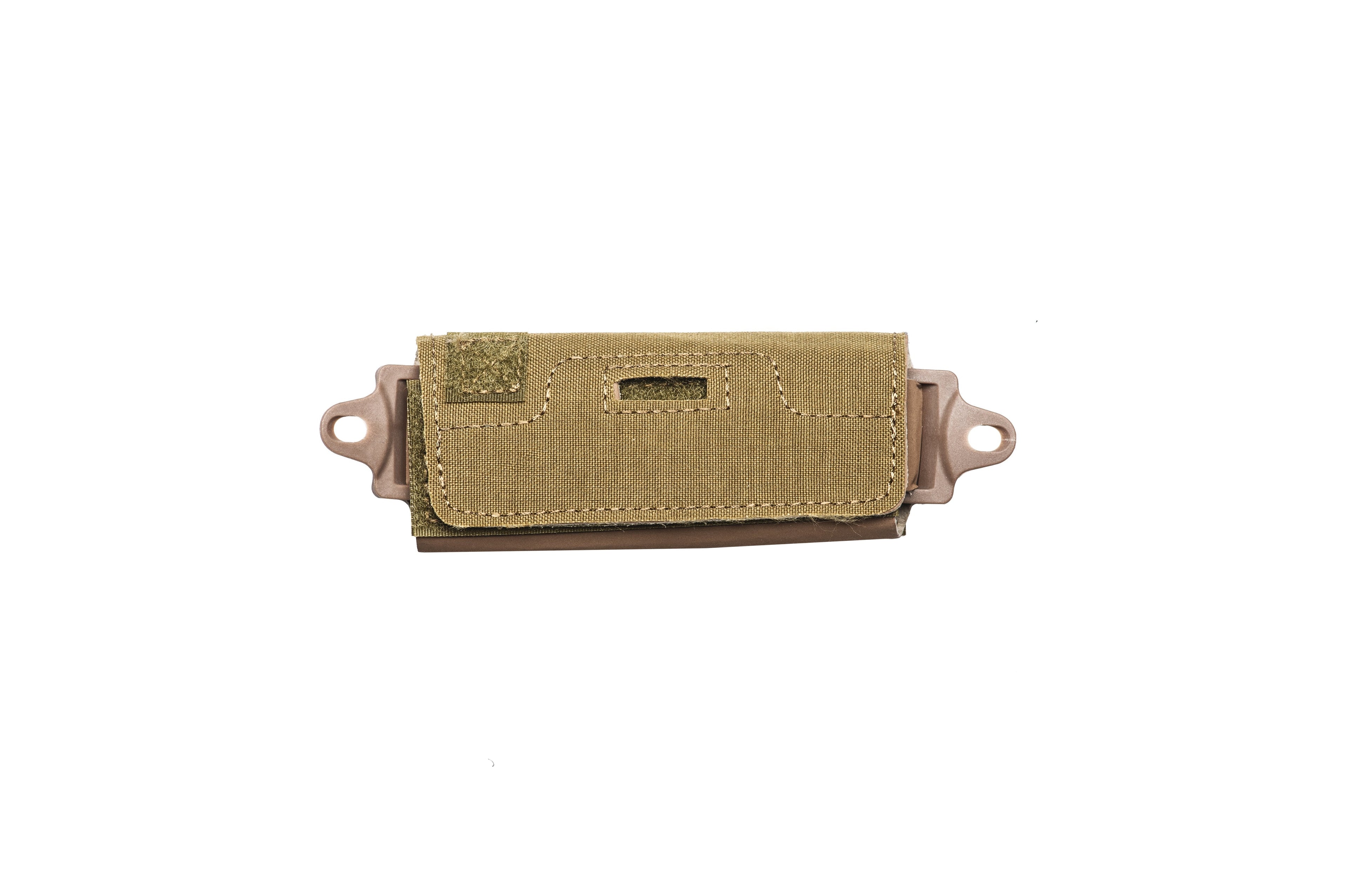Hard Head Veterans ballistic helmet counterweight pouch attached to a tactical helmet for enhanced balance and comfort.