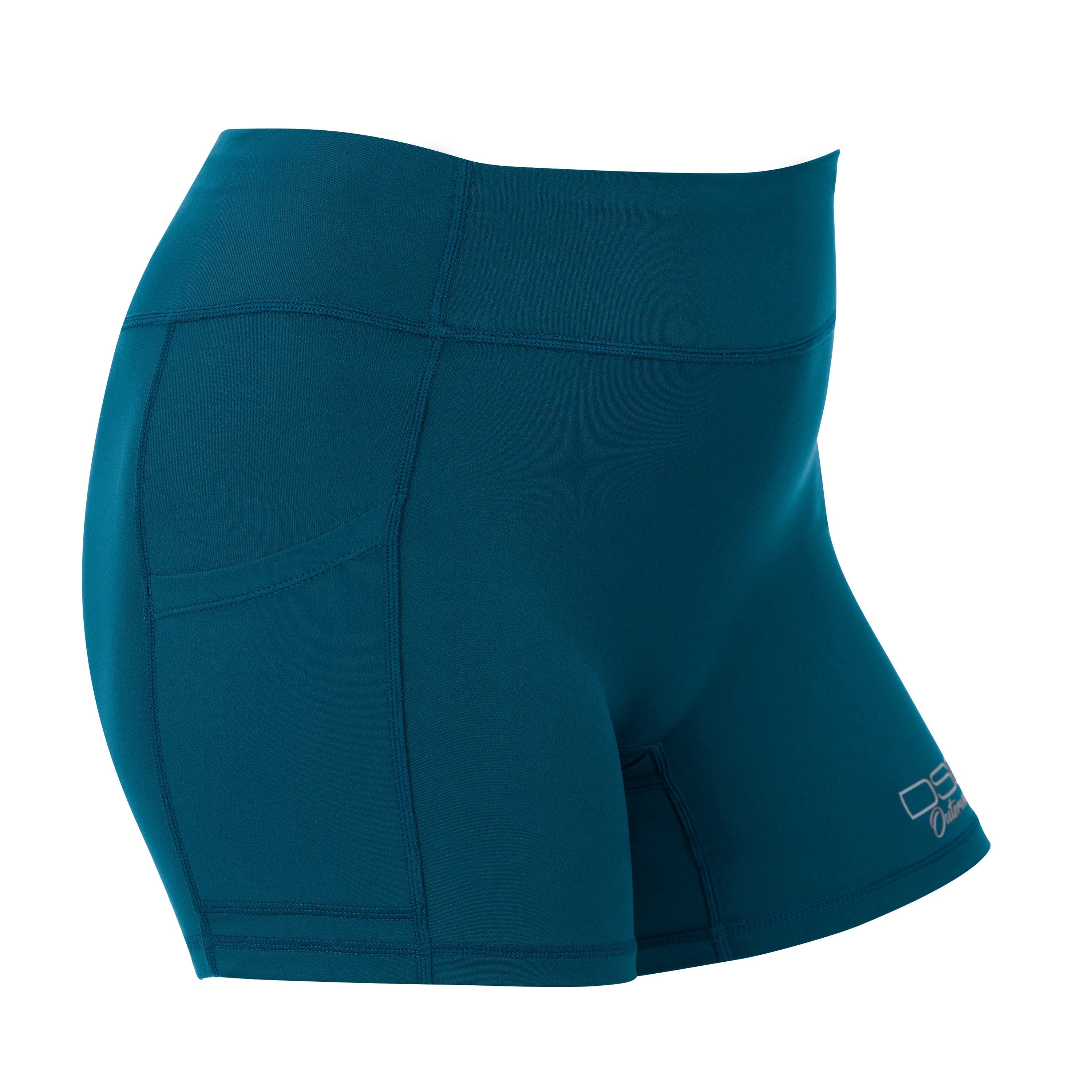 Blue DSG OUTERWEAR active shorts shown from the side with a sporty design and comfortable fit for athletic wear.