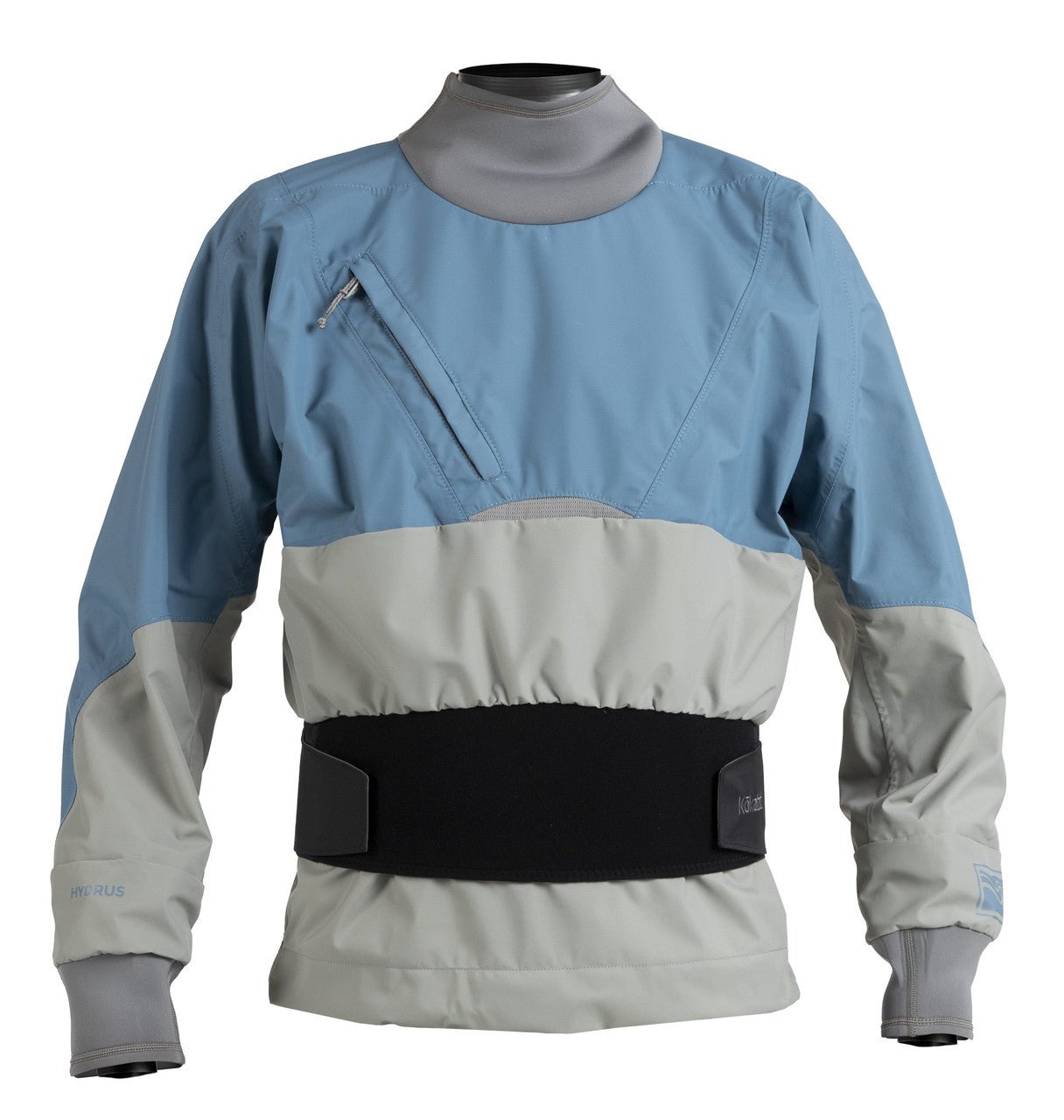 Men's Kokatat Hydrus 3.0 Stoke Dry Top in storm blue, front view showing waterproof dry top with adjustable neck and wrist closures.