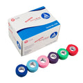 Set of colorful Dynarex Sensi Wrap self-adherent wraps in rainbow colors, 1 inch by 5 yards, 30 per case.