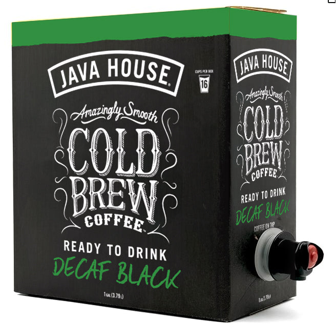 Java House Cold Brew On Tap - Decaf, showing a bag-in-box with a spout from a front angle, highlighting its sleek design.