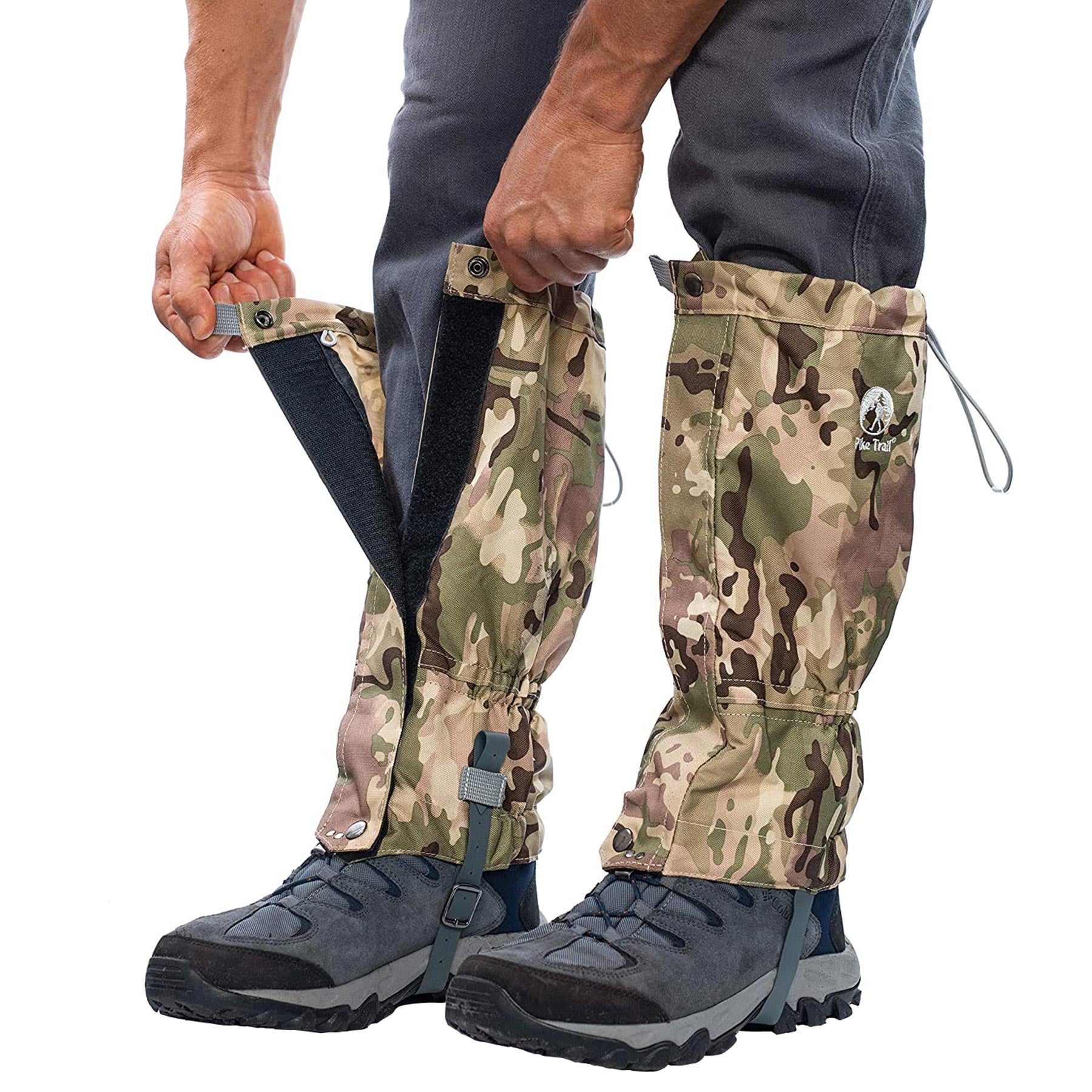 Pike Trail camouflage hiking leg gaiters with adjustable straps and rugged fabric for trail protection and outdoor adventures.