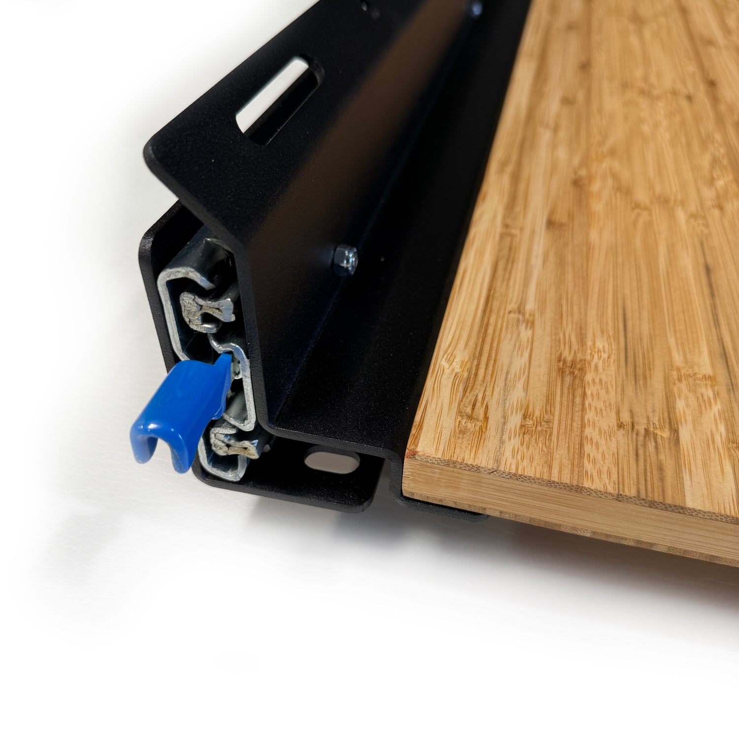 Close-up of the 60-inch DIY slide tray kit by RB Components showing metal rails and mounting hardware for easy installation.