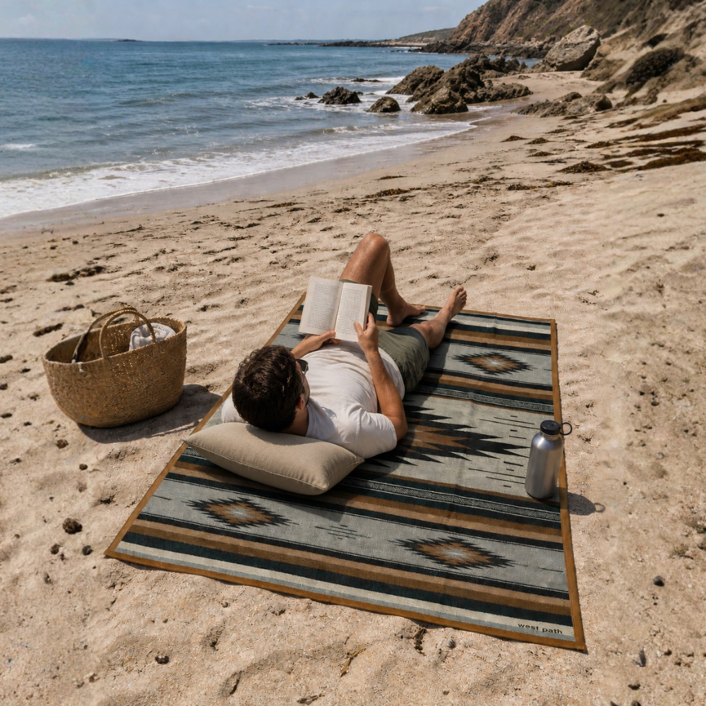 West Path waxed canvas camping blanket, outdoors throw blanket with diamond pattern, ideal for camping and bushcraft activities.