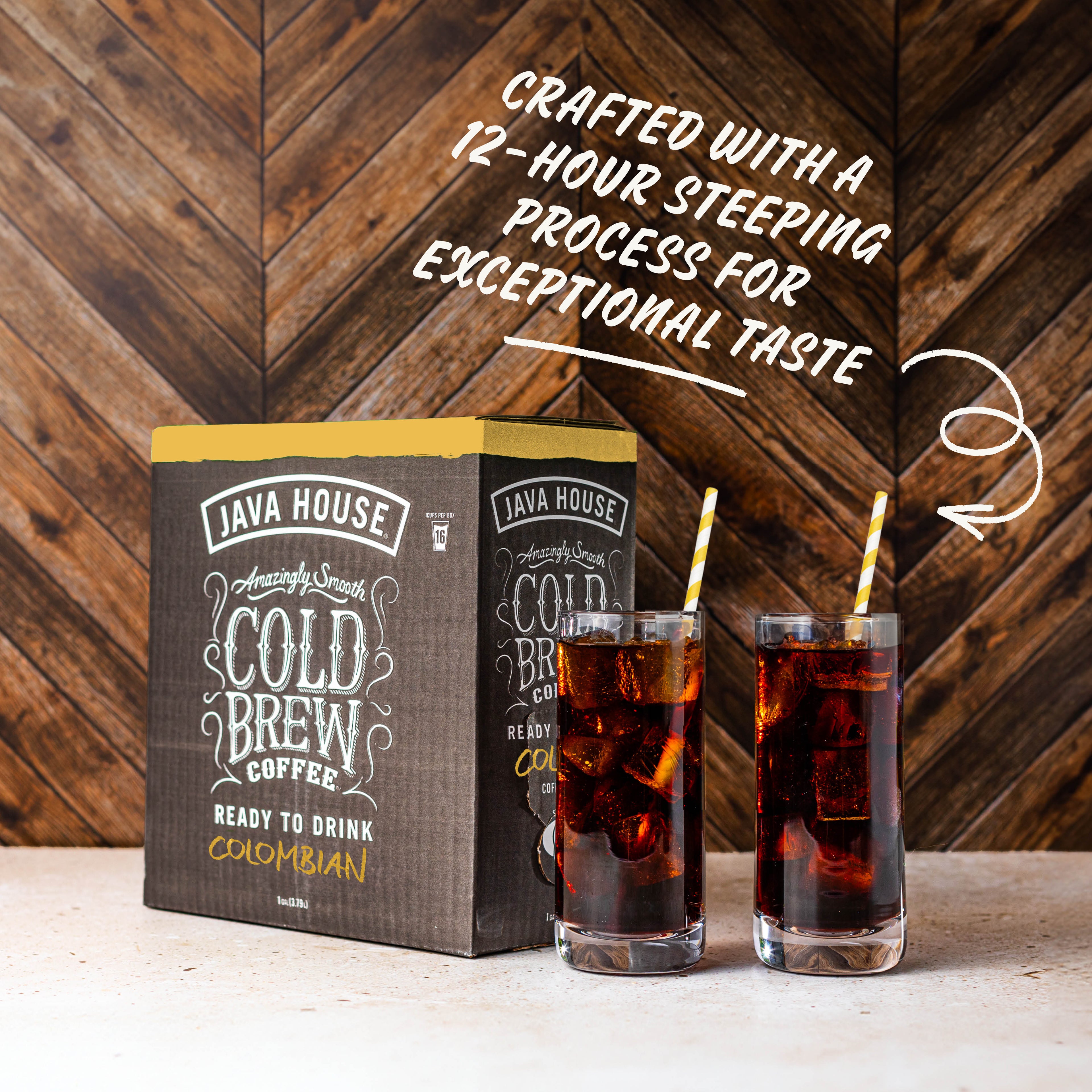 Cold brew on tap from Java House, featuring a sleek tap system and glasses filled with rich Colombian cold brew coffee.
