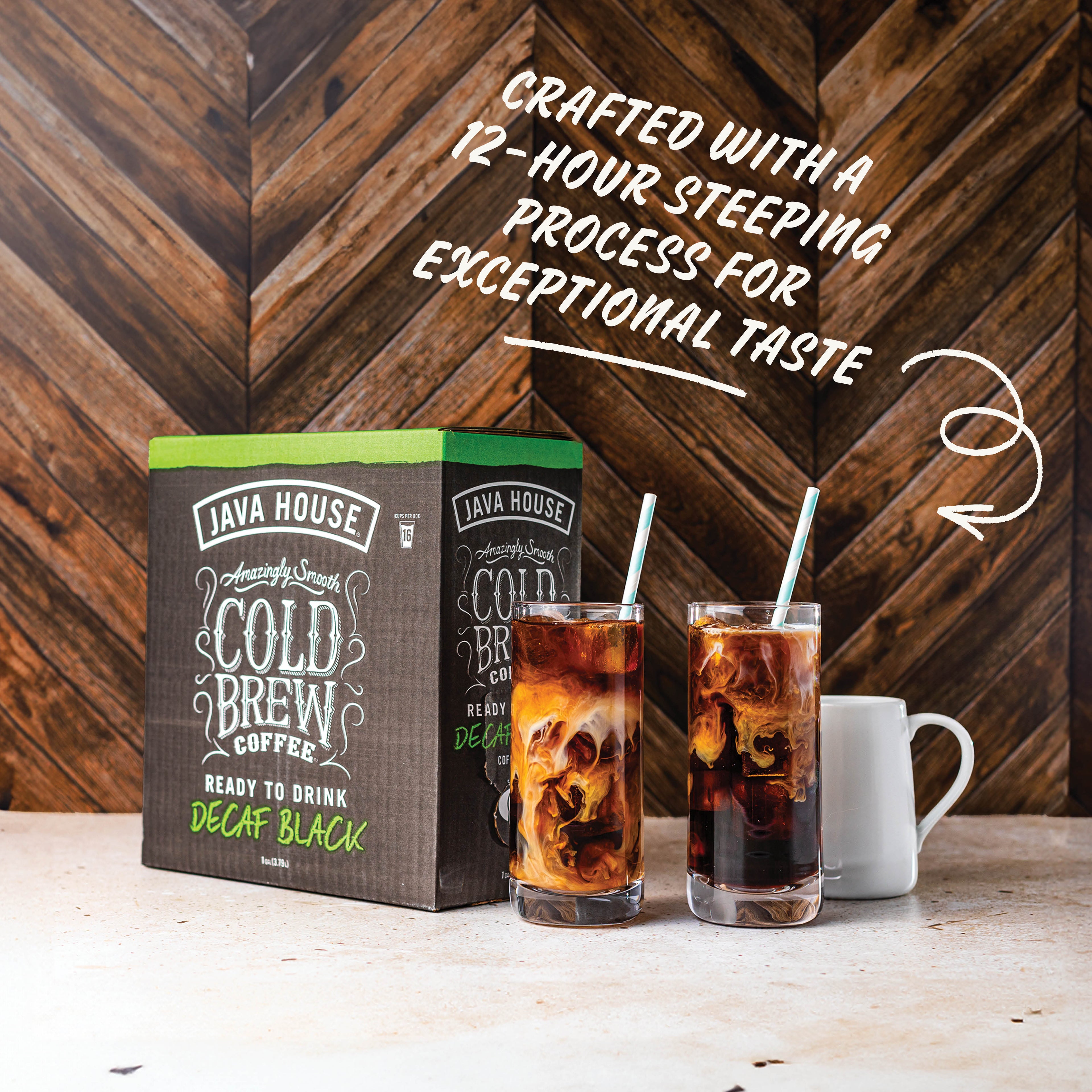 Java House Cold Brew On Tap - Decaf coffee in a sleek tap dispenser with dark liquid and ice-filled glass.