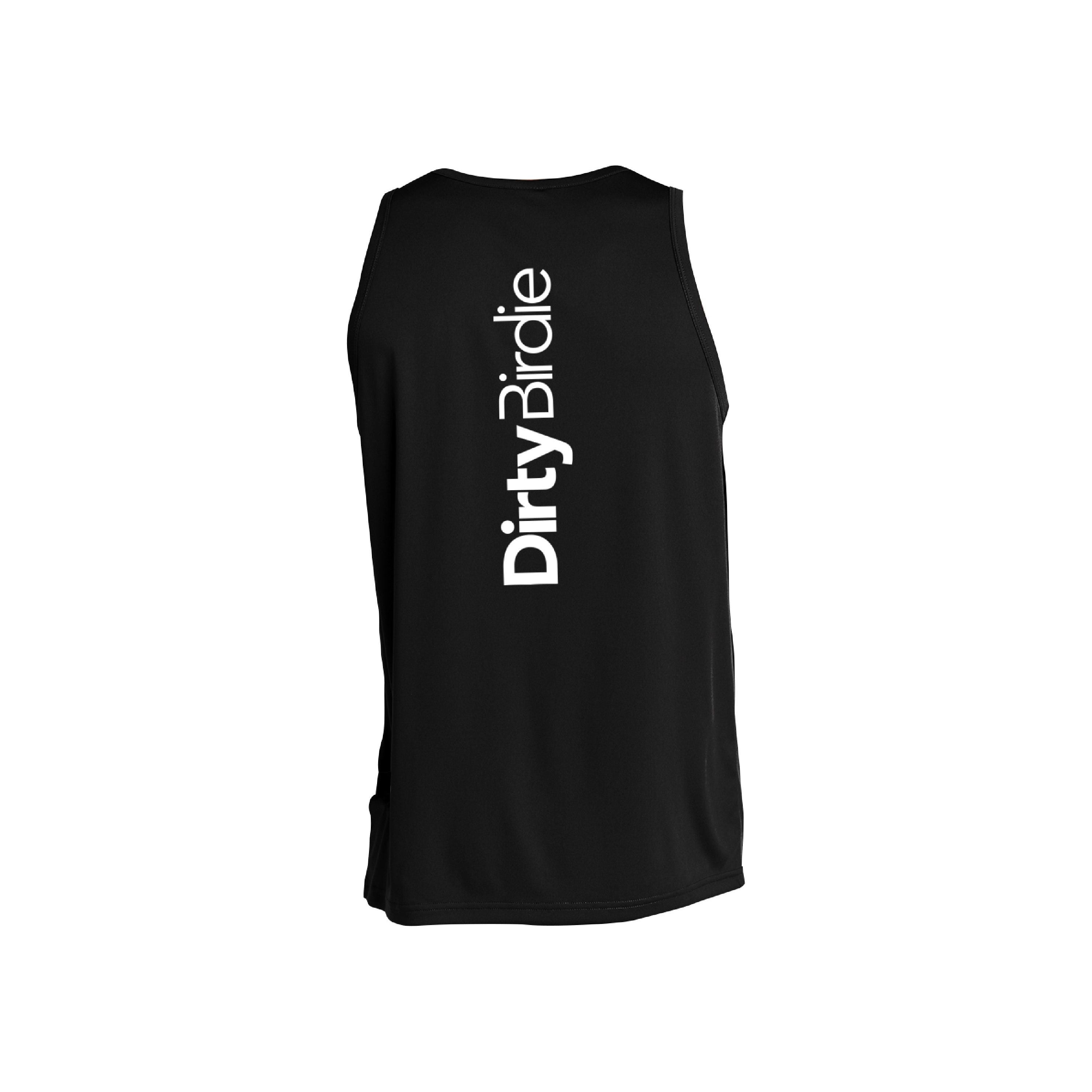 Black Dirty Birdie tank top shown from the back, featuring a casual sleeveless design and fitted style.