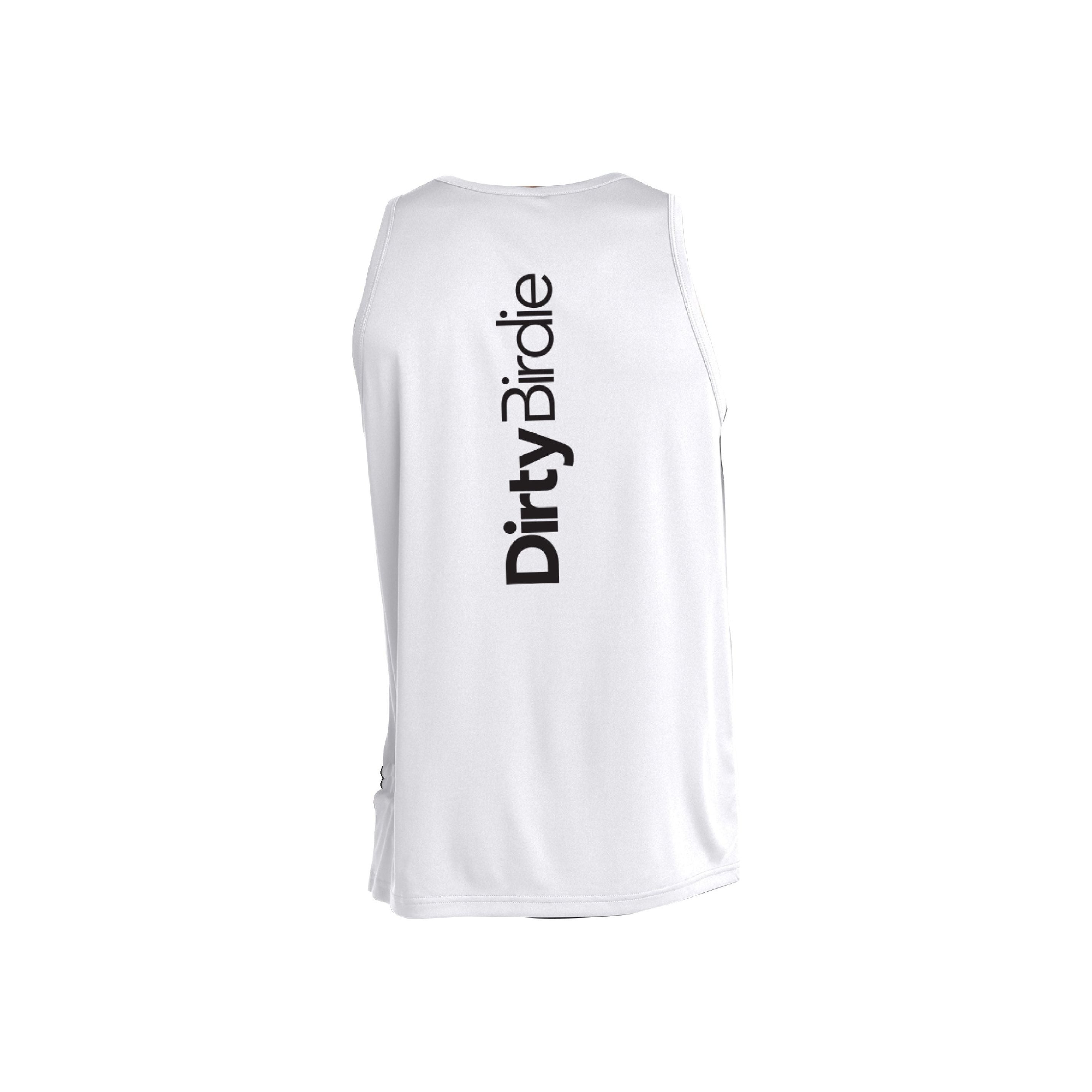 White Dirty Birdie tank top shown from the back with a relaxed fit and sleeveless design, ideal for casual wear.