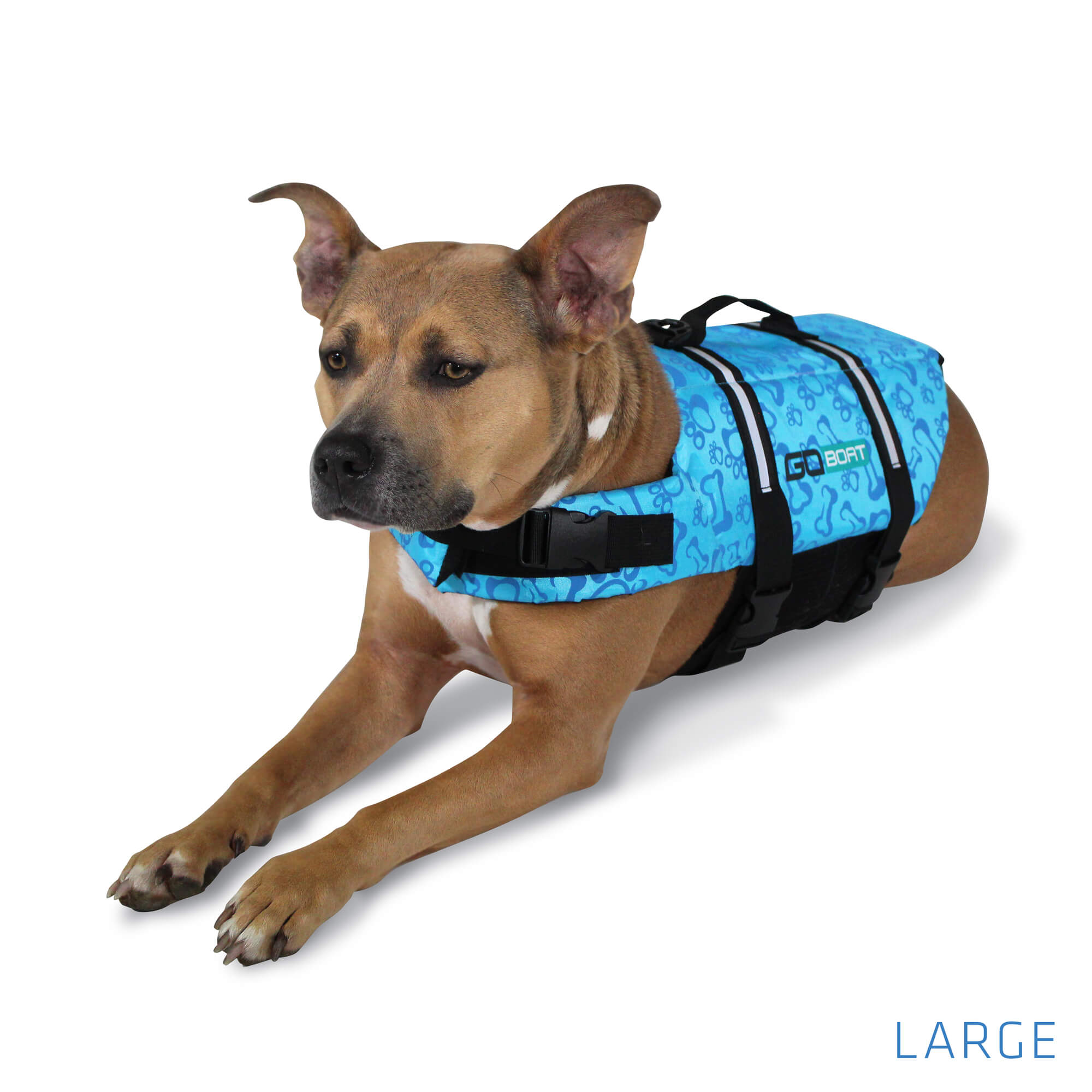 Dog wearing a GoBoat Dog Life Vest with adjustable straps and bright orange color for safety during water activities.