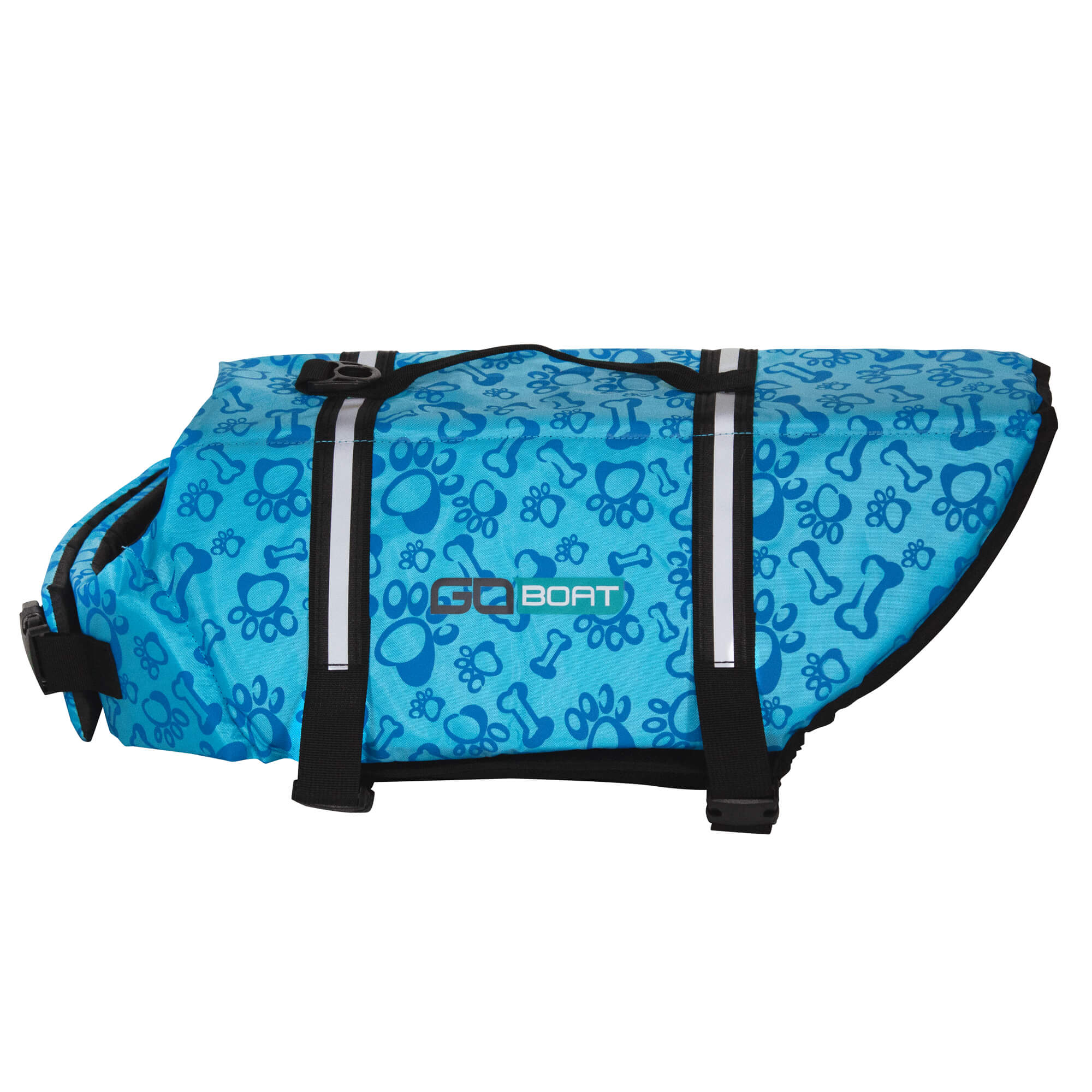 Side view of a GoBoat Dog Life Vest showing adjustable straps and bright orange color for safety during water activities.
