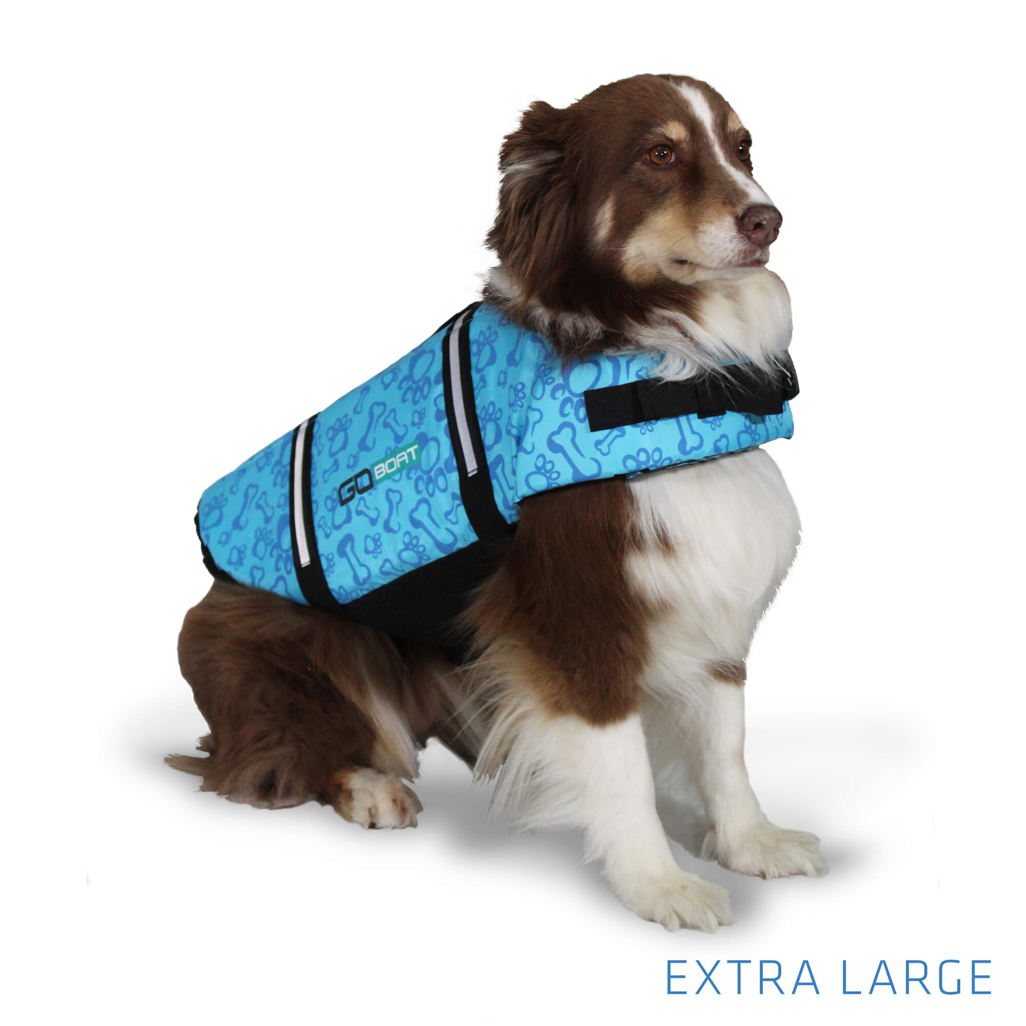 Large orange dog life vest by GoBoat with adjustable straps and reflective accents for safety during water activities.