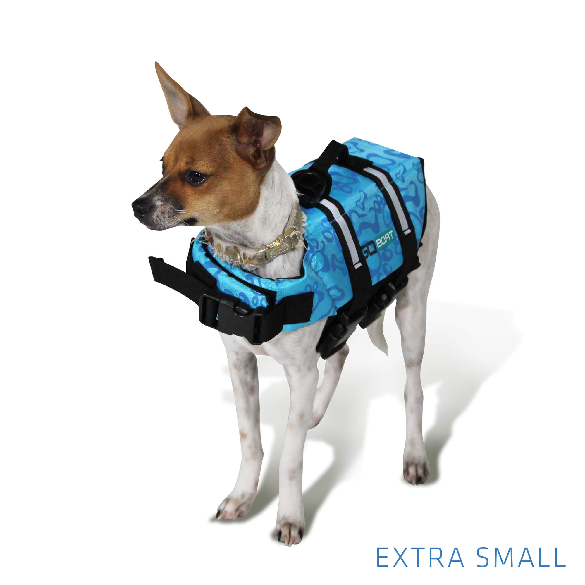 Small-sized GoBoat dog life vest with adjustable straps, bright orange color, and reflective detailing for safety during water activities.