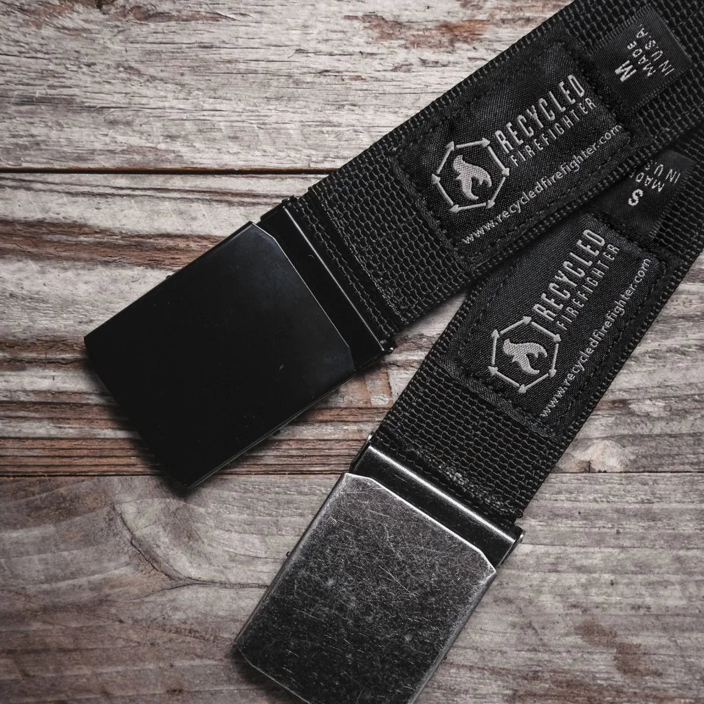 Recycled Firefighter double layer EDC belt with durable nylon straps and metal buckle, designed for everyday carry and utility.
