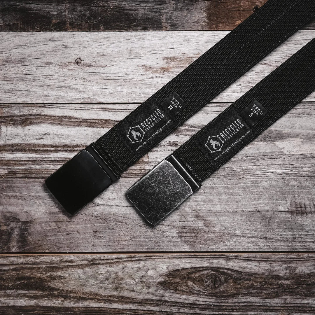 Double layer EDC belt by Recycled Firefighter featuring durable nylon straps and metal buckle, suitable for everyday carry.