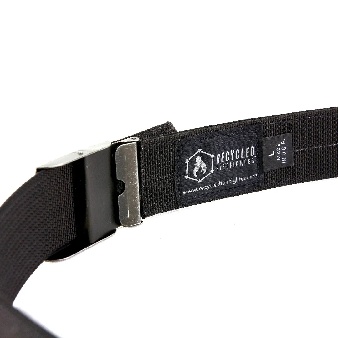 Recycled Firefighter double layer EDC belt with durable nylon strap and metal buckle, ideal for everyday carry and outdoor use.