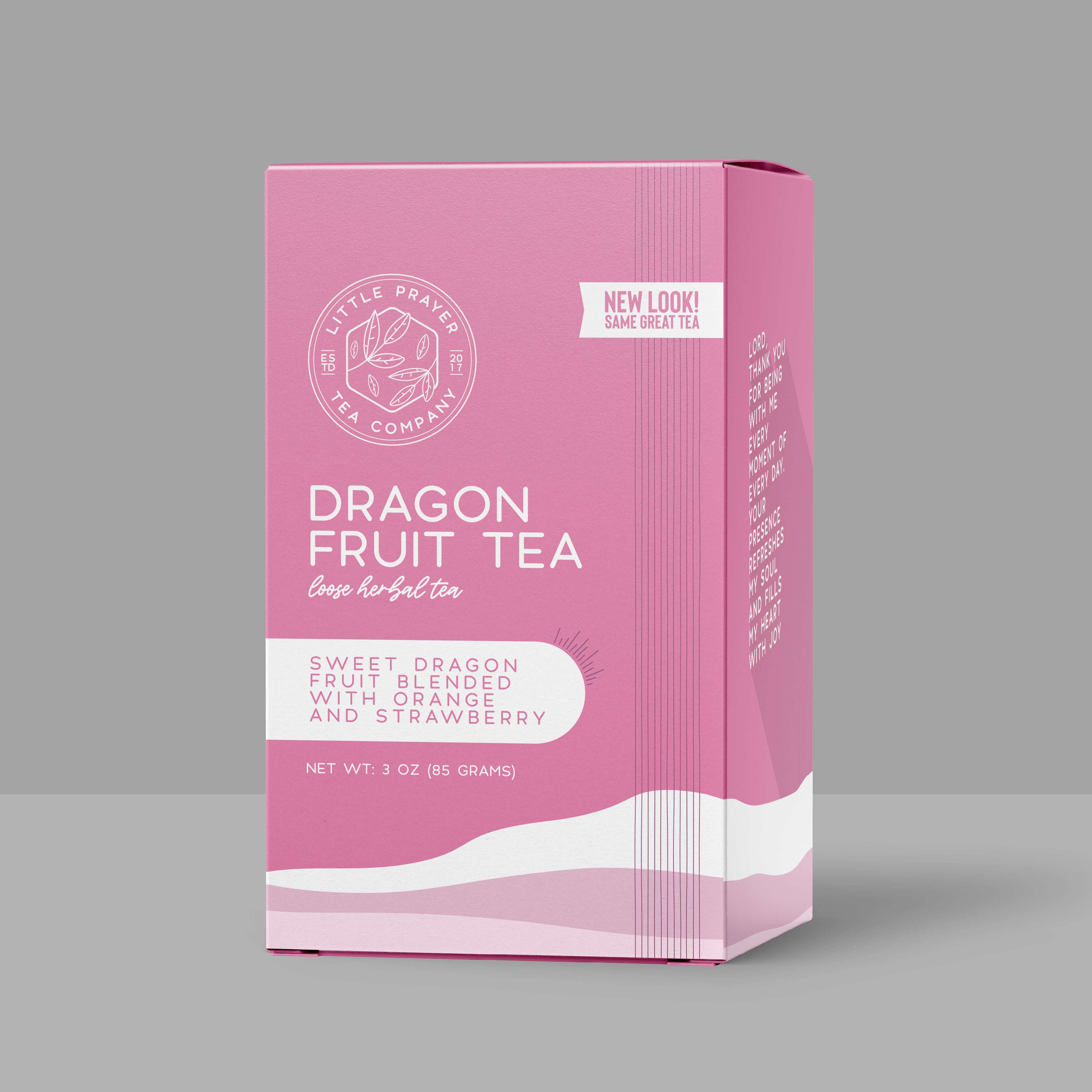 Herbal tea box featuring Dragonfruitea from Little Prayer Tea Company, with vibrant dragonfruit imagery and product branding.