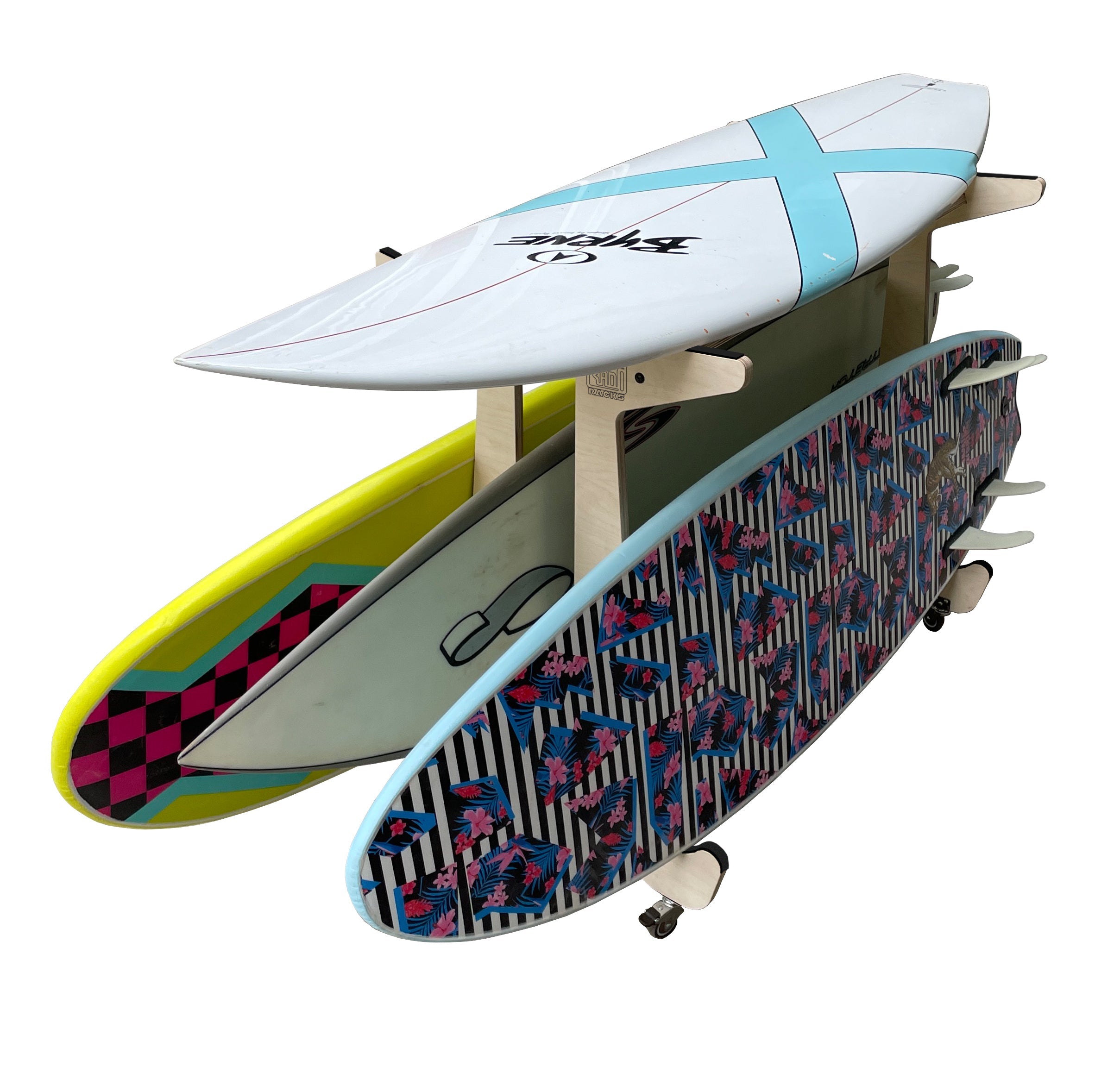 Rado Racks Drop In surfboard storage work bench with padded surf rack for secure board organization and workspace.