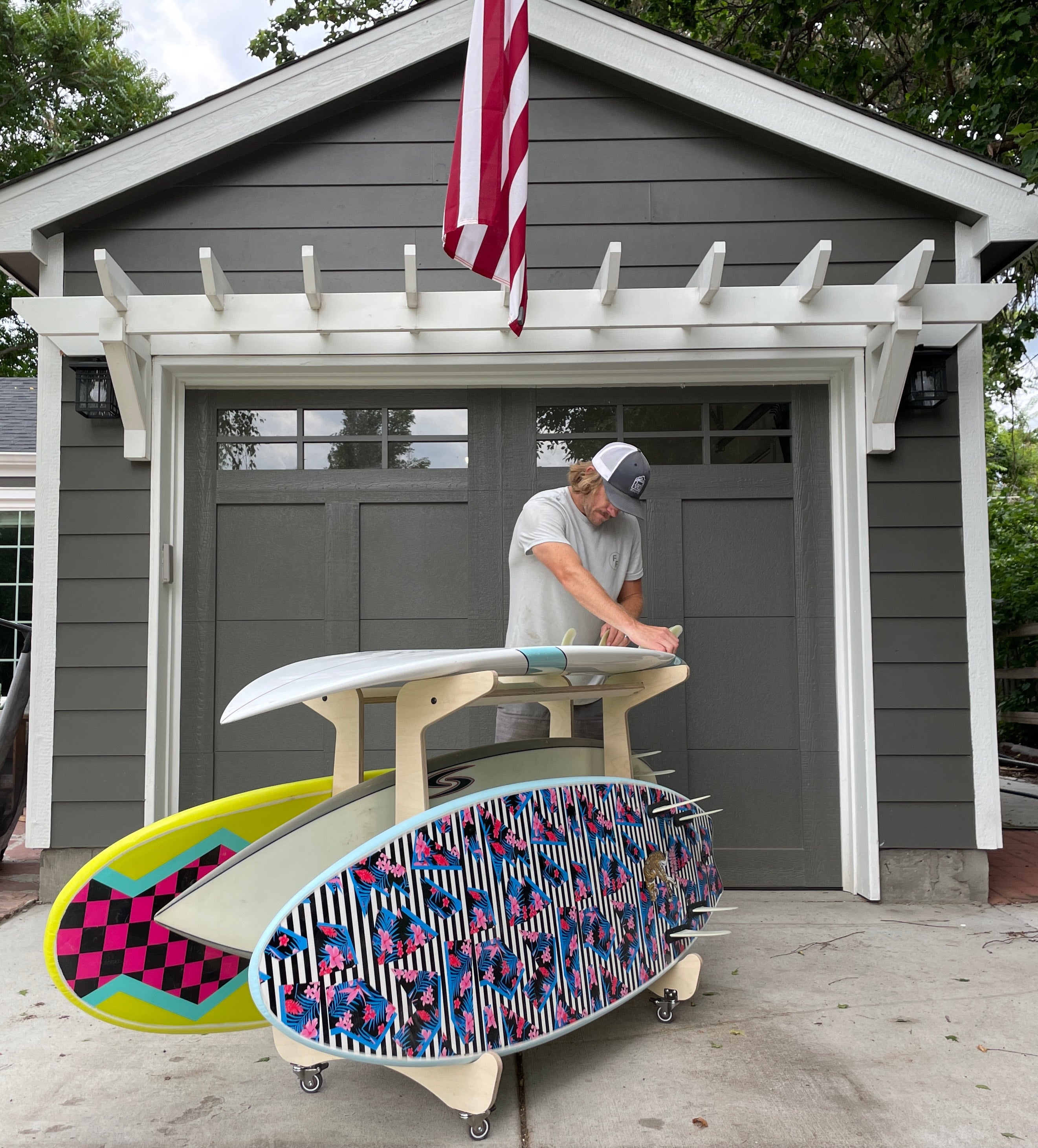 Rado Racks Drop-In surfboard storage work bench with built-in surf rack and workspace for easy surfboard organization and maintenance.
